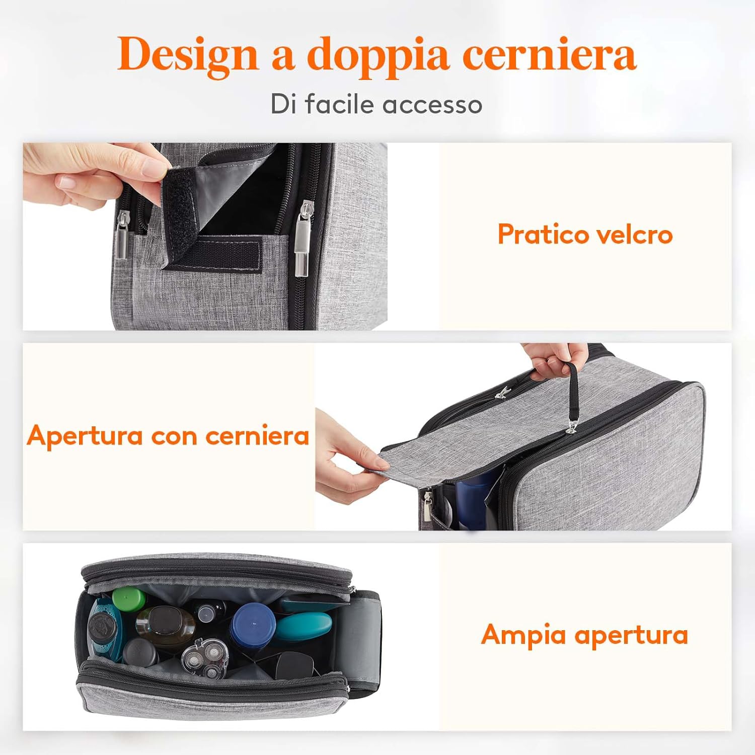 Detalle de Lifewit Beauty Case da Uomo grande grigio con doppia cerniera e scomparti idrorepellenti