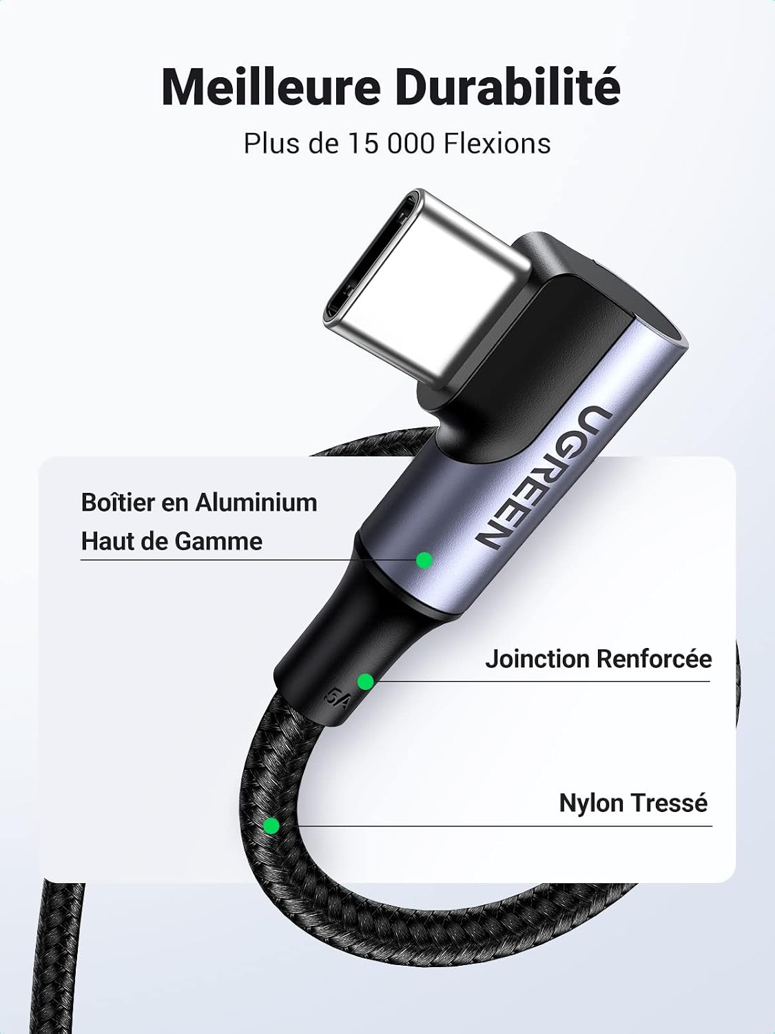 Thumbnail 4 de UGREEN 100W USB-C-naar-USB-C-kabel van 1 m met haakse stekkers en nylonmantel