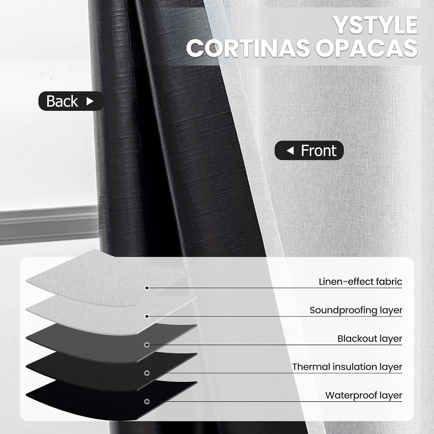 Detalle de Ystyle Rideau occultant Lot de 2 – 140x225 cm, effet lin, isolation thermique et anti bruit, blanc ivoire