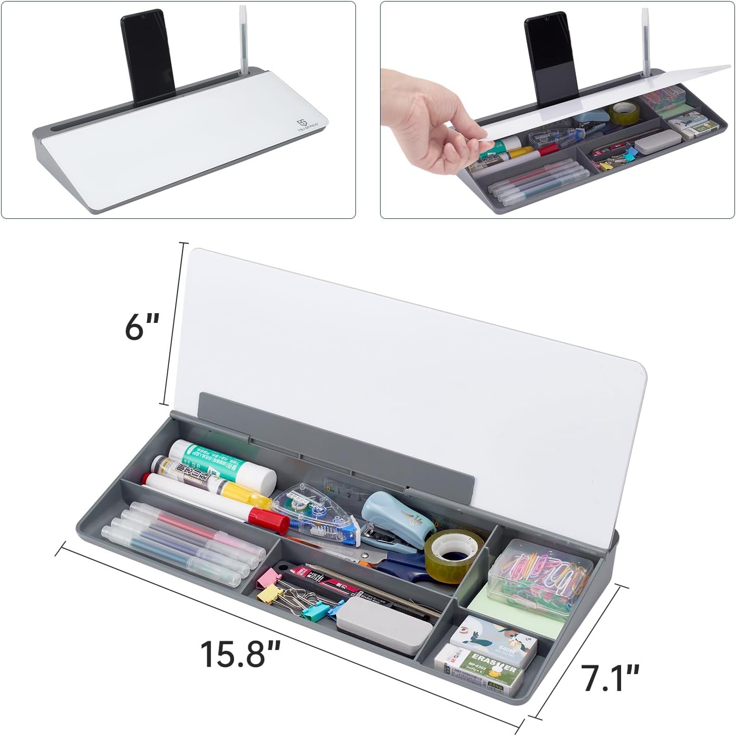 Detalle de Small Desktop Glass Whiteboard Dry-Erase Board with Drawer and Keyboard Stand (Grey)
