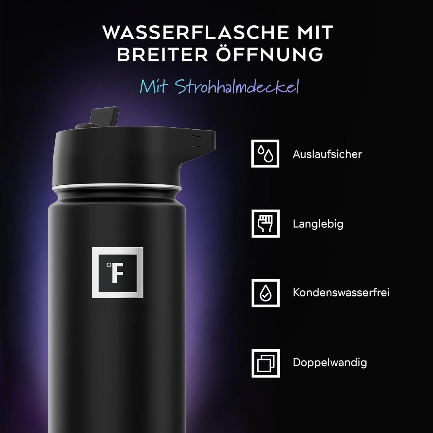Thumbnail 1 de Edelstahl Trinkflasche mit Strohhalm – 650/950/1200/1800 ml, kohlensäuregeeignet, auslaufsicher, doppellwandig isoliert, BPA-freie Wasserflasche