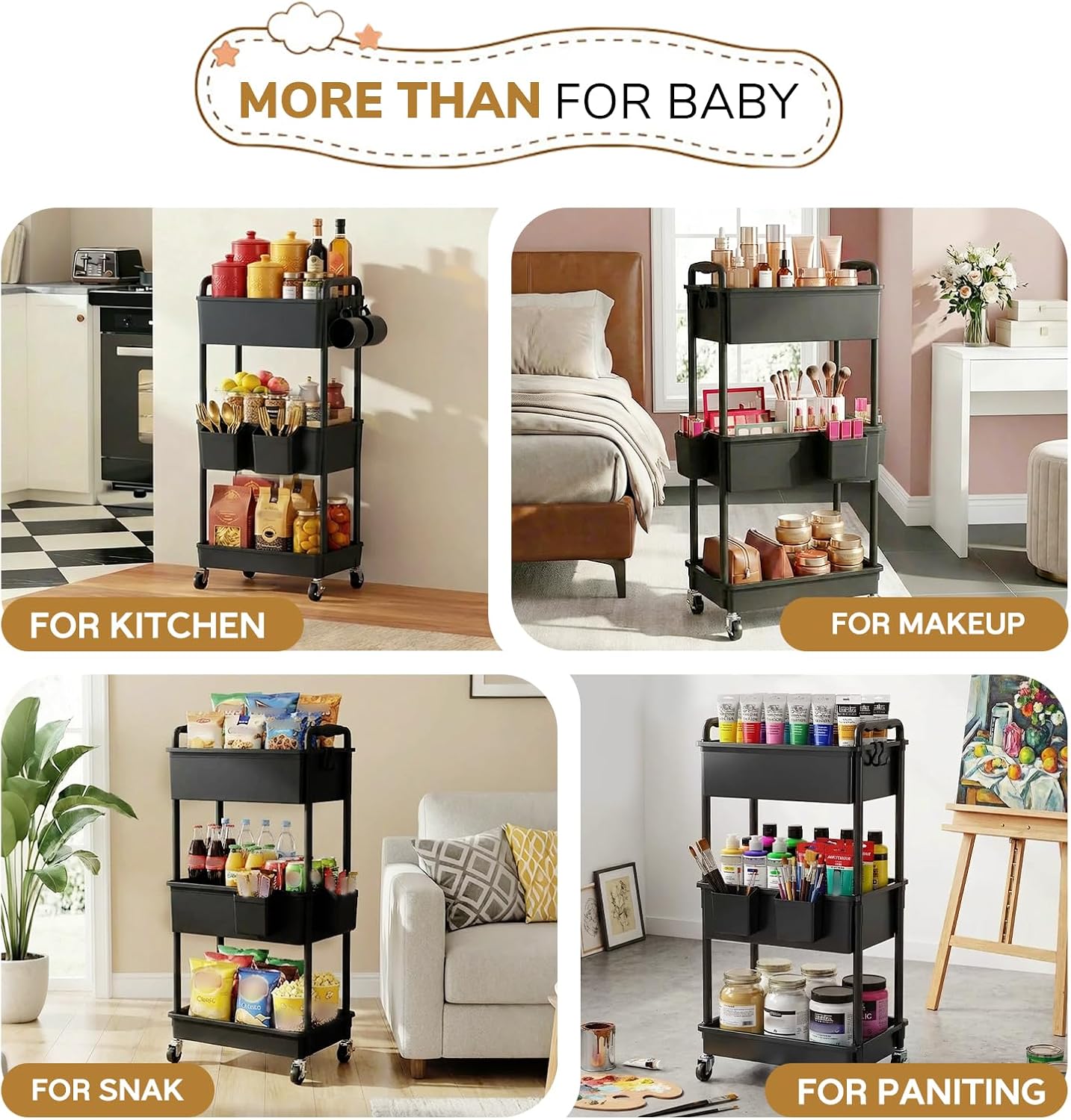 Thumbnail 6 de Goovilla 3-Tier Diaper Cart with Locking Wheels, Black Plastic Organizer