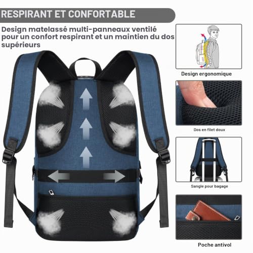 Detalle de AMBOR Sac à dos pour ordinateur portable 17,3 pouces, antivol avec port USB