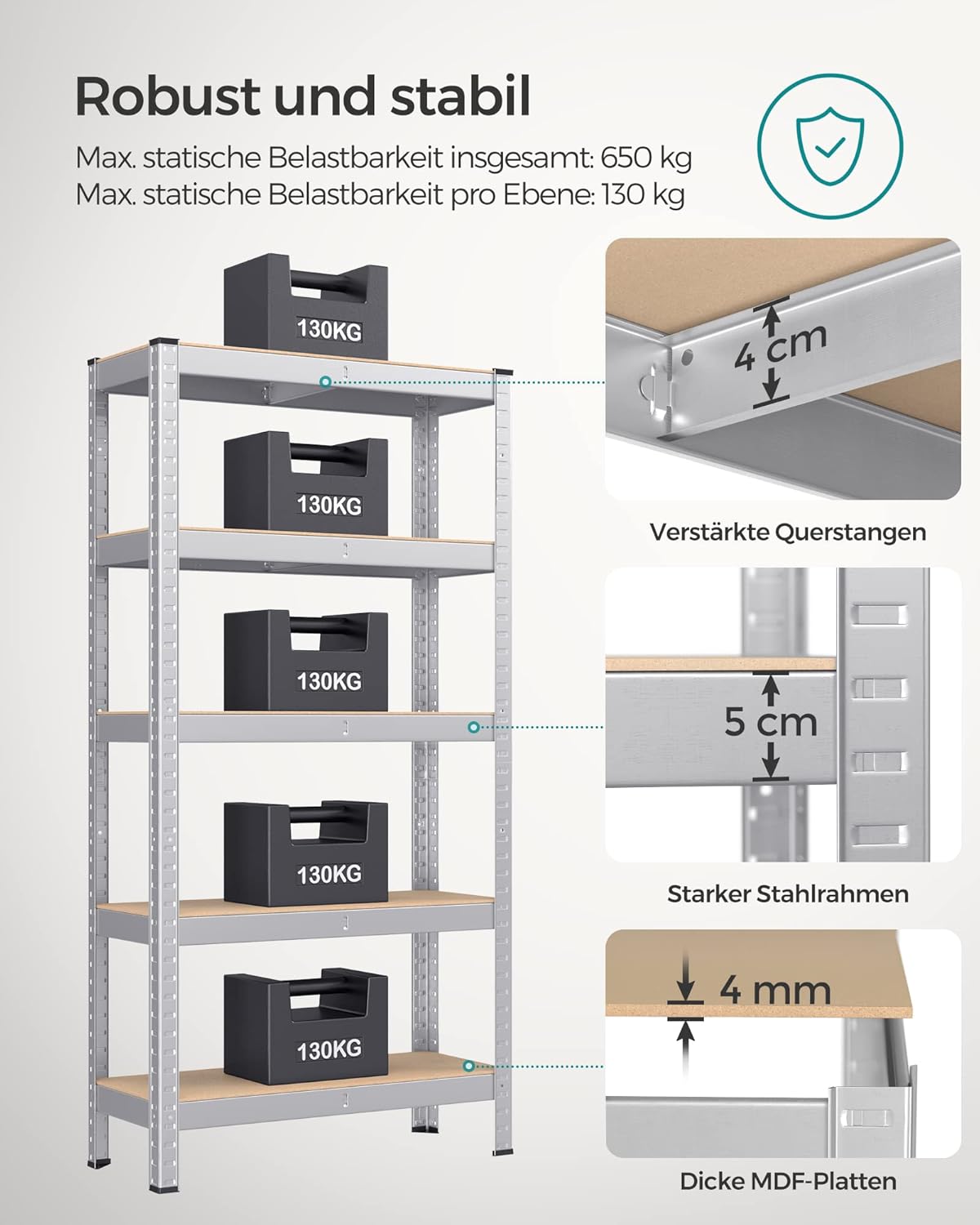 Thumbnail 3 de SONGMICS Schwerlastregal GLR030E02 im 2er-Set (30 x 75 x 150 cm) mit 5 höhenverstellbaren Ablagen, bis 650 kg belastbar