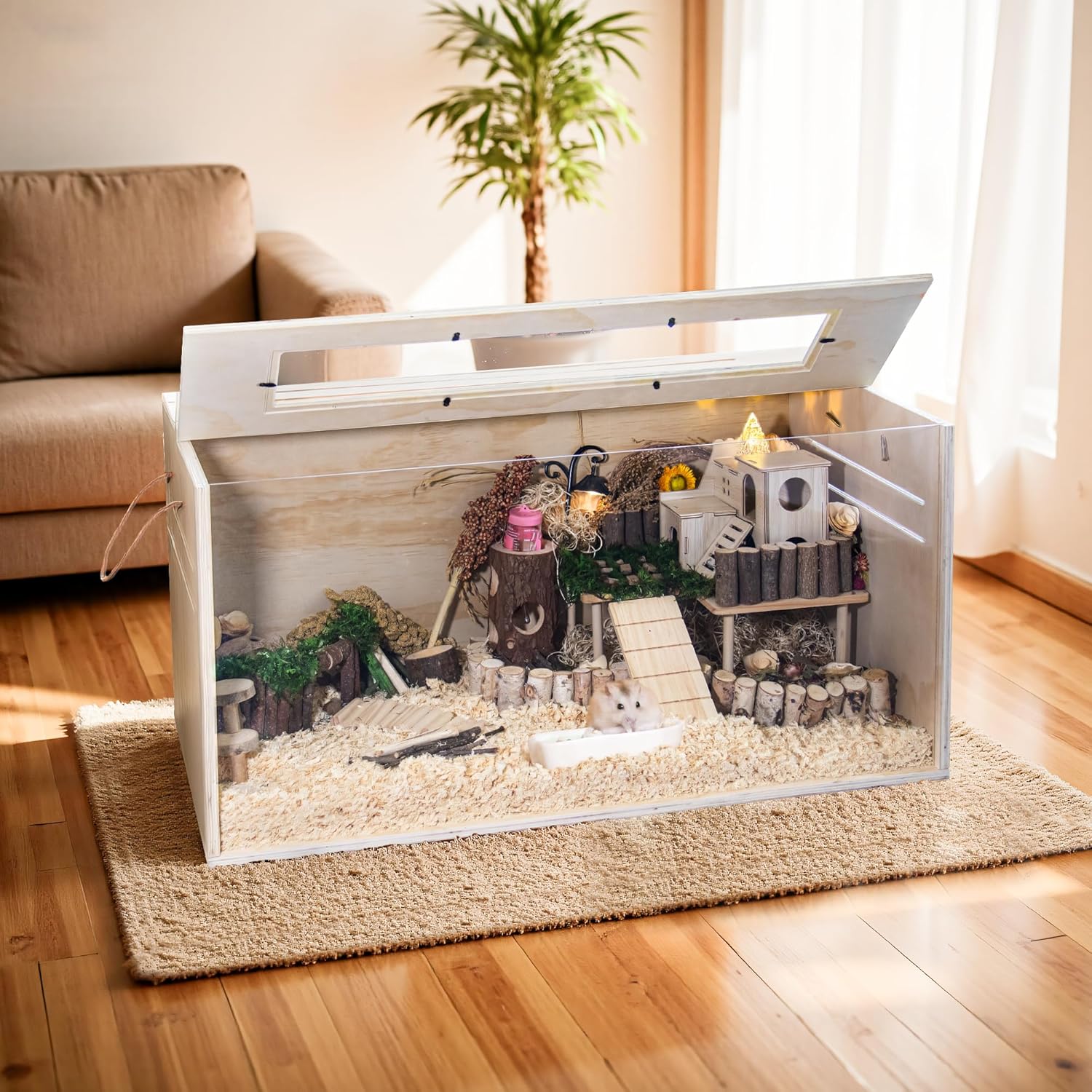 Detalle de Hamster Cage Chewproof: 80cm Wooden Cage for Small Animals with Openable Top and Easy View Acrylic Panels