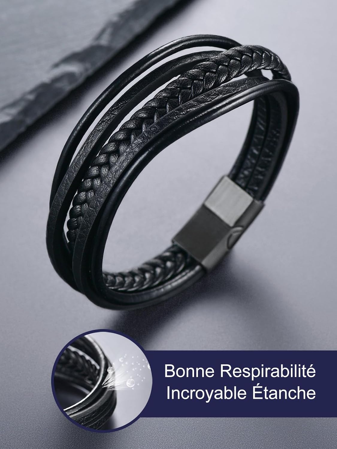 Detalle de Bandmax Bracelet Homme Cuir Tressé Noir/Marron – Bracelet Multi-Rang Tissé avec Fermoir Magnétique, 3 Longueurs Disponibles