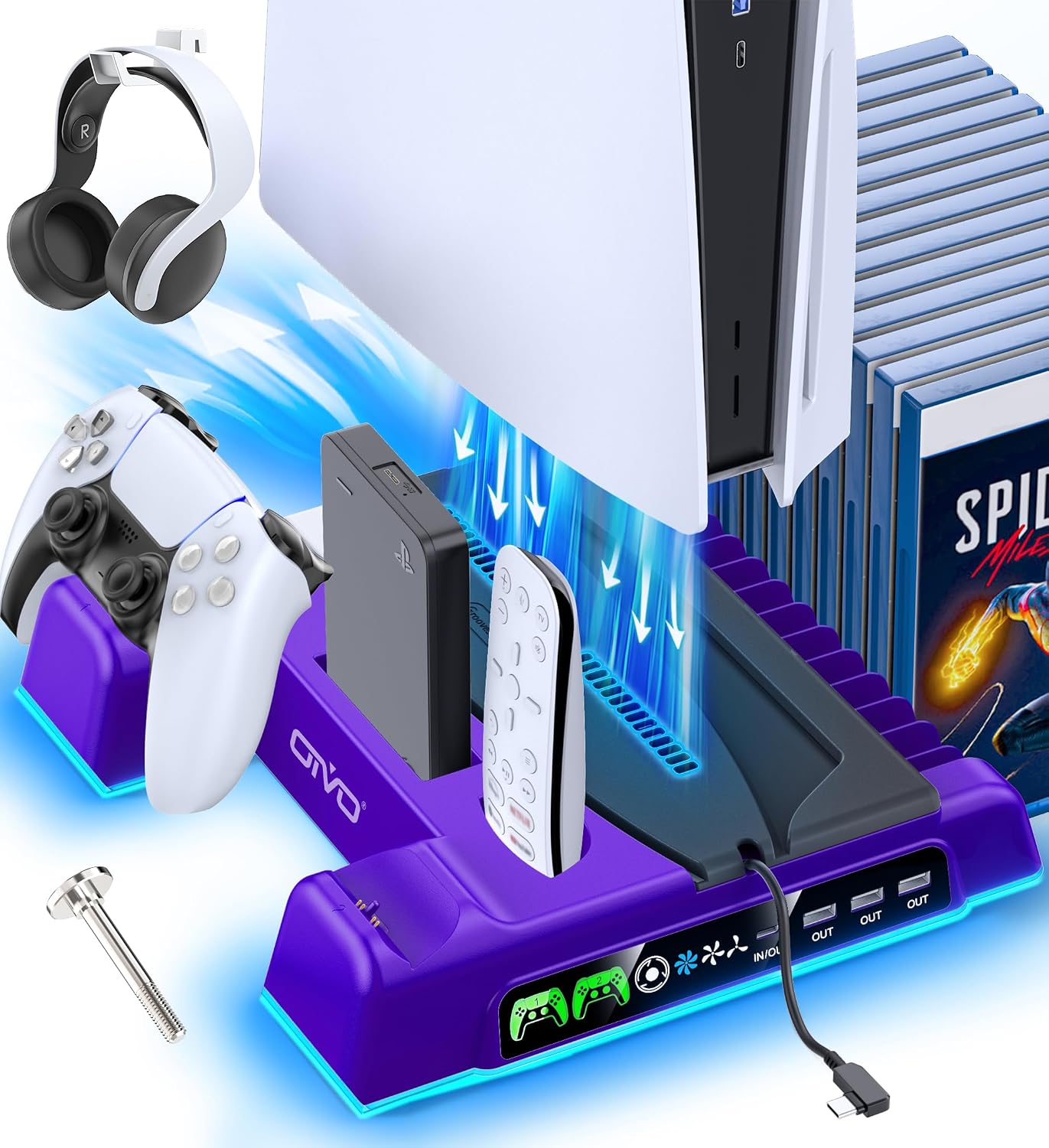 Detalle de OIVO VG-P5329XPU-PRO PS5 Stand with 3-Speed Fan, Dual Charging and Game Storage