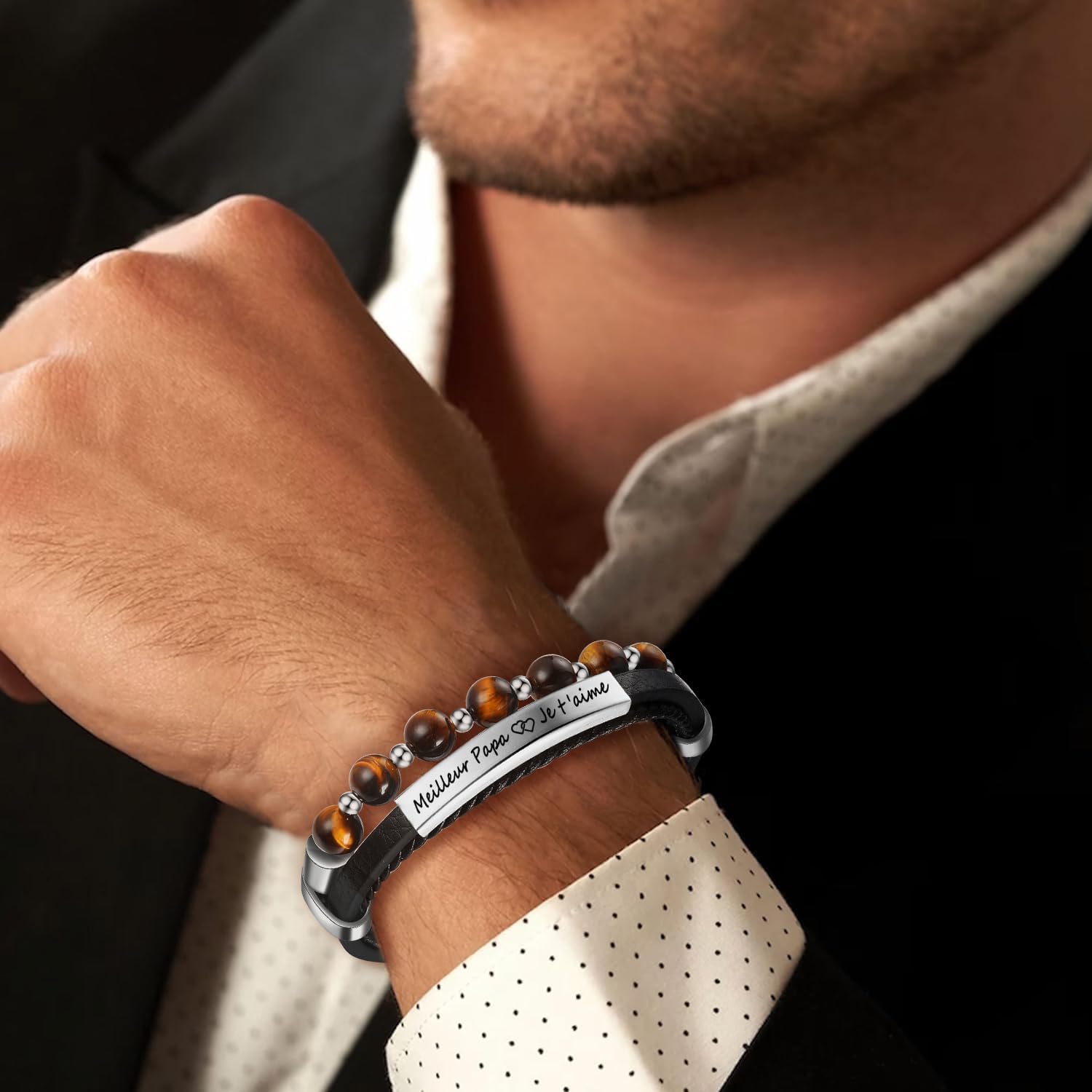 Detalle de Jbniuay Cadeau Homme – Bracelet en cuir triple avec perles naturelles