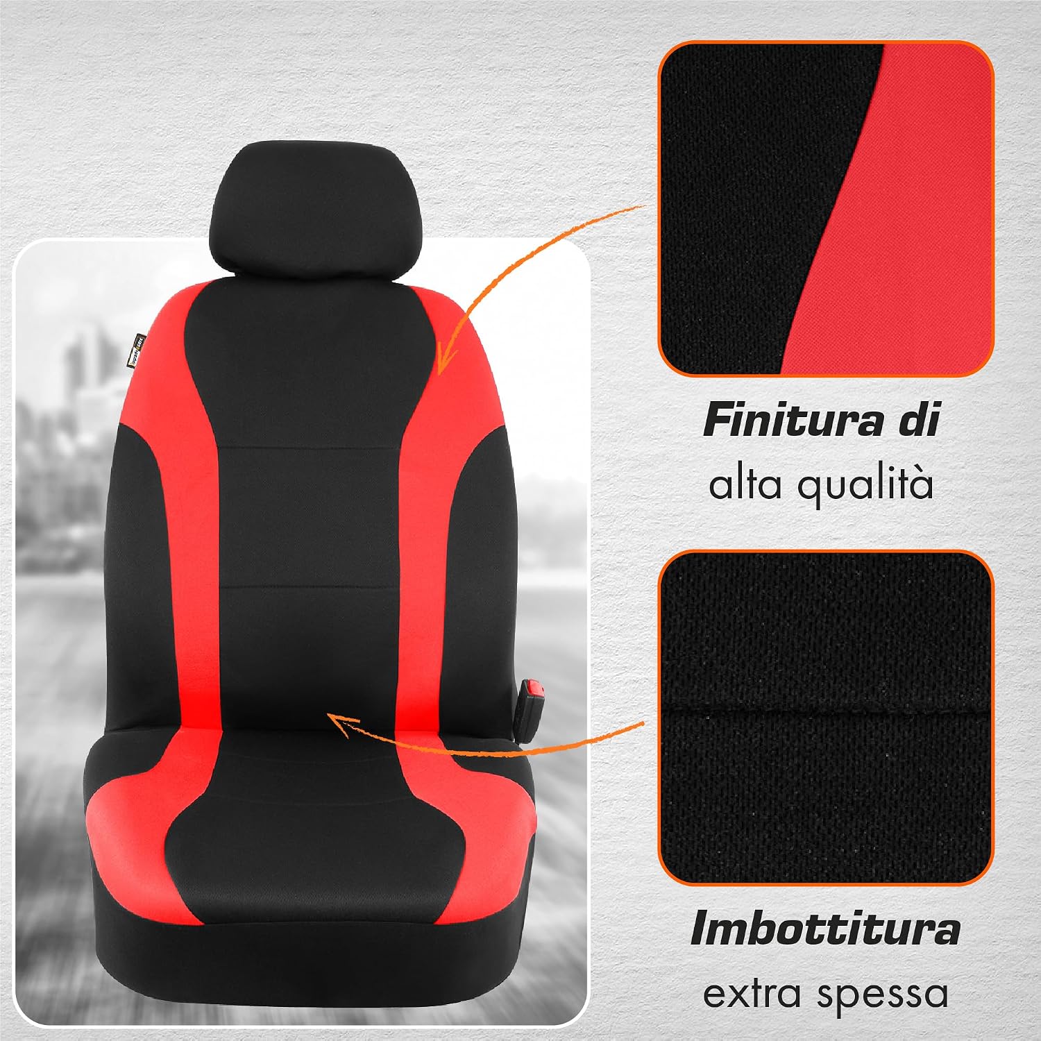 Detalle de Upgrade4cars Coprisedili auto anteriori universali nero/rosso (set da 4 pezzi)