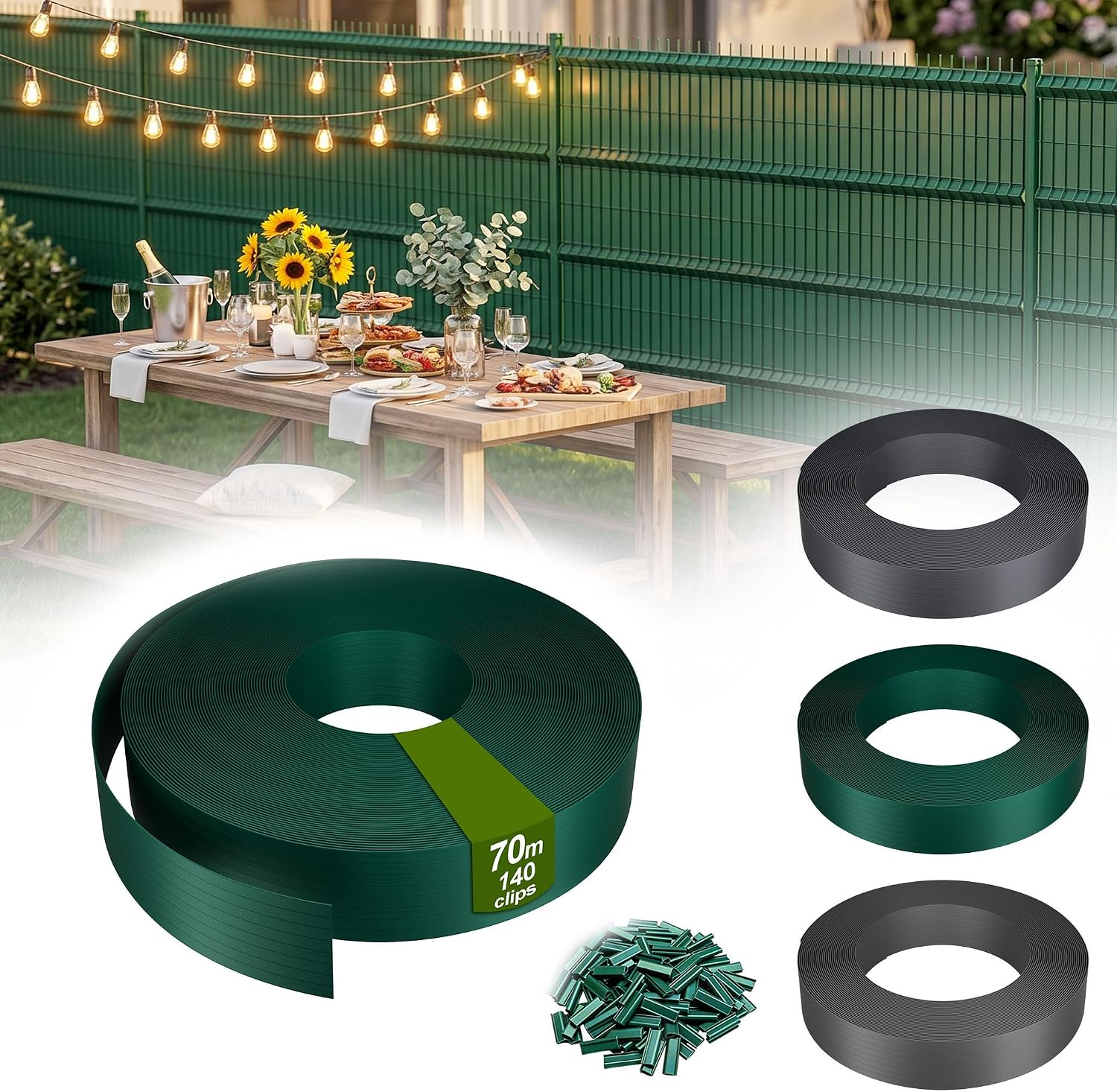 Detalle de UISEBRT PVC Privacy Screen Strips, 70 m x 4.7 cm, Green, 140 Clips