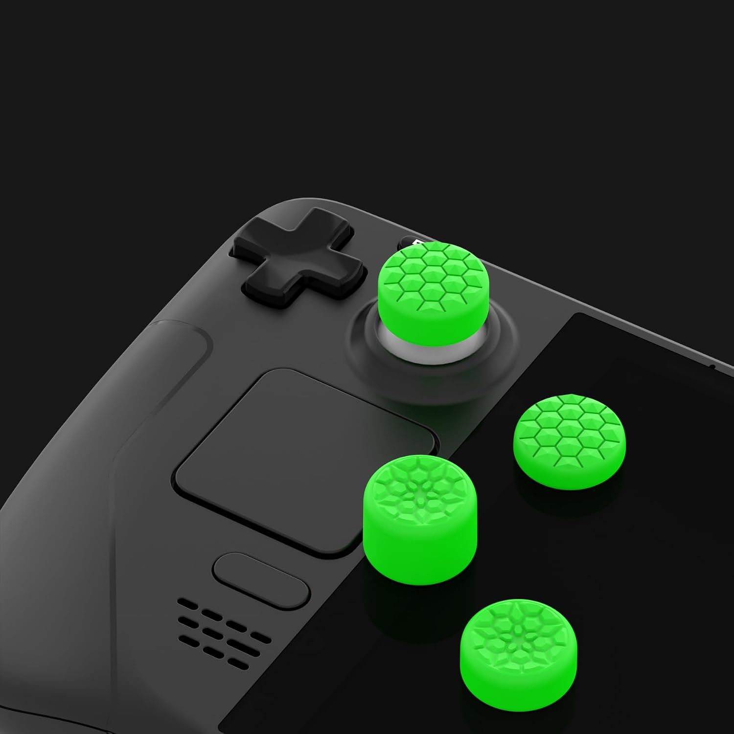 Detalle de PlayVital Green Ergonomic Stick Caps Thumb Grips for Steam Deck LCD & OLED and PS Portal Remote Player — 10-Pack