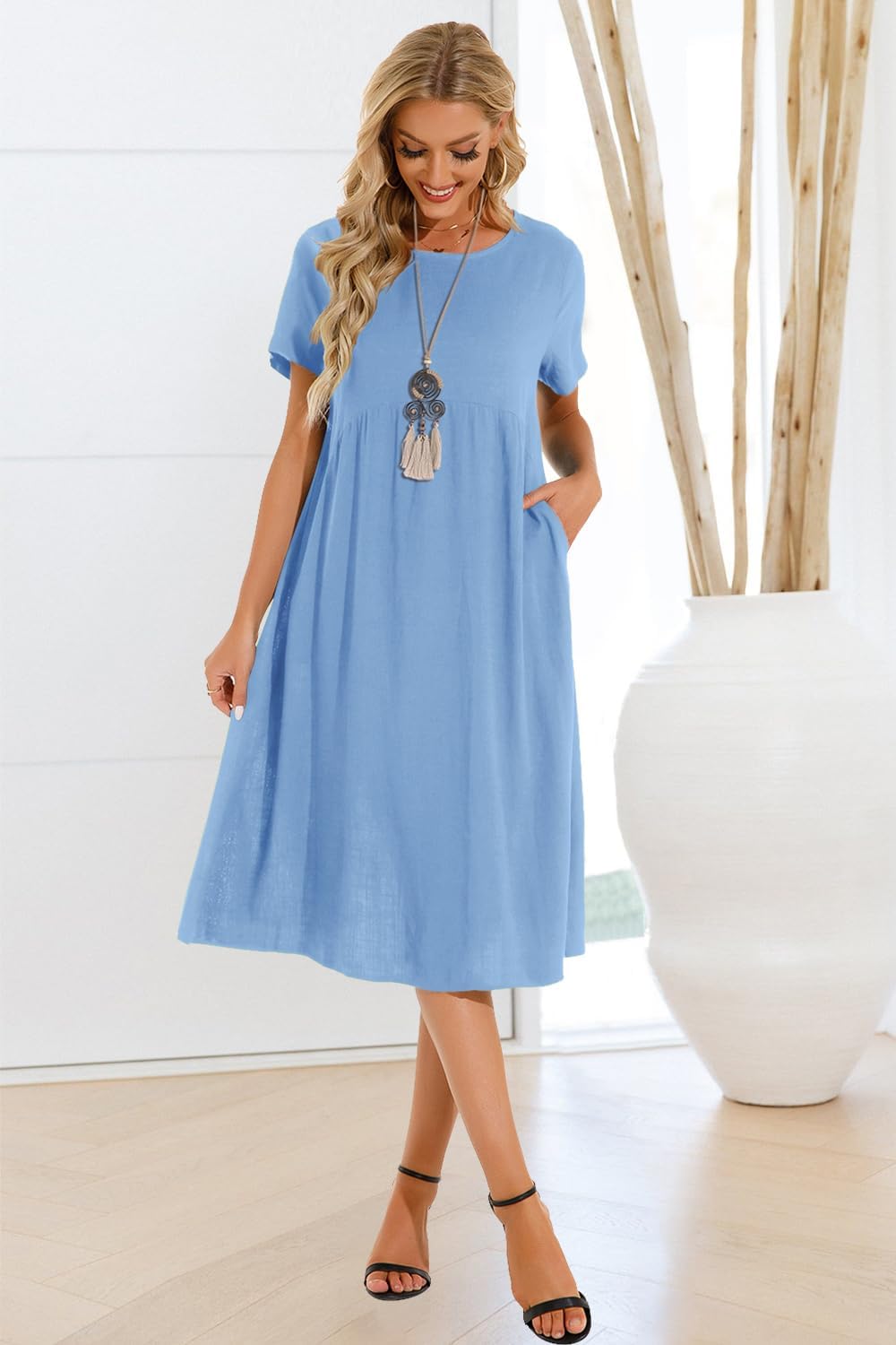 Detalle 2 de Tincini Sommerkleid Damen Leinen-Mix mit V-Ausschnitt und A-Linie (Midikleid, Kurzarm)