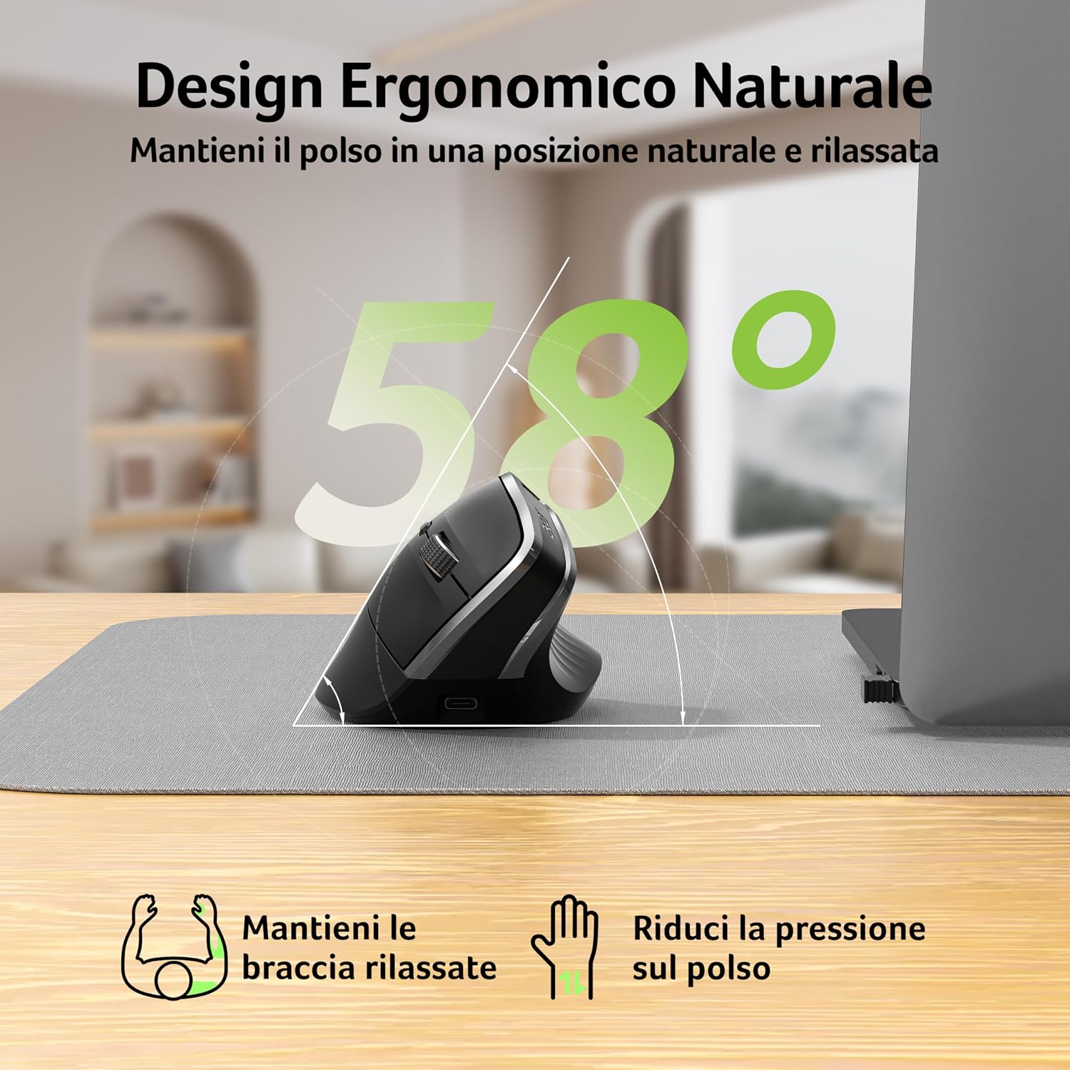 Detalle de Acer Mouse Wireless Ergonomico: Mouse verticale ricaricabile con 6 pulsanti e DPI regolabili