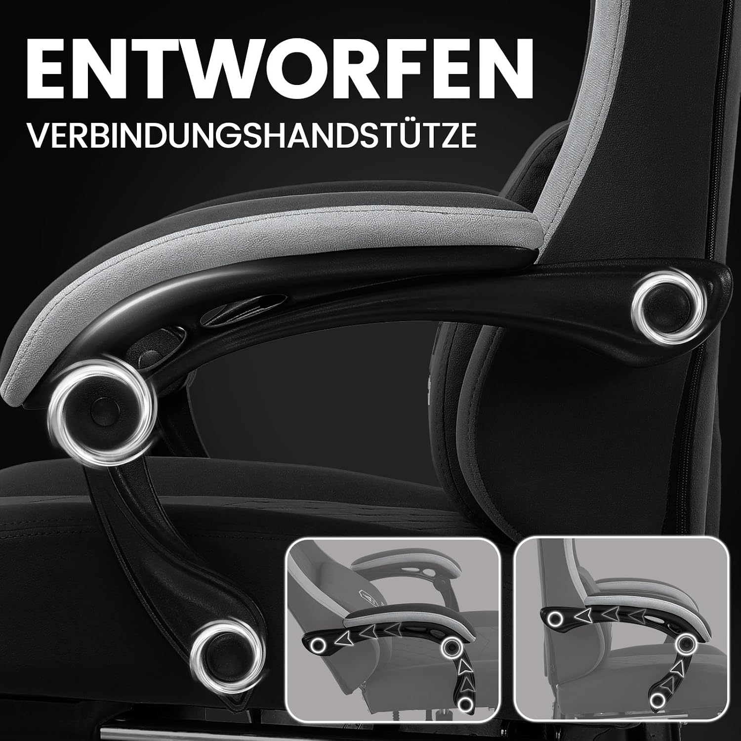 Detalle 2 de GTPLAYER Gaming Stuhl mit Stoffbezug, verstellbaren Armlehnen und Fußstütze (bis 150 kg) – dunkelschwarz