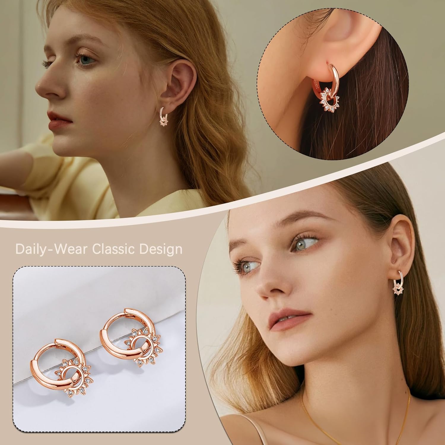 Detalle de Estrellique Silver Hoops Earrings for Women – 925 Sterling Silver Dainty Drops with Sun, Moon, Star or Heart Design