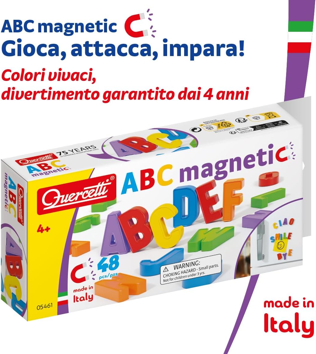 Detalle de Quercetti Refill 48 Lettere Magnetiche per Bambini – 48 lettere colorate in plastica atossica, Made in Italy