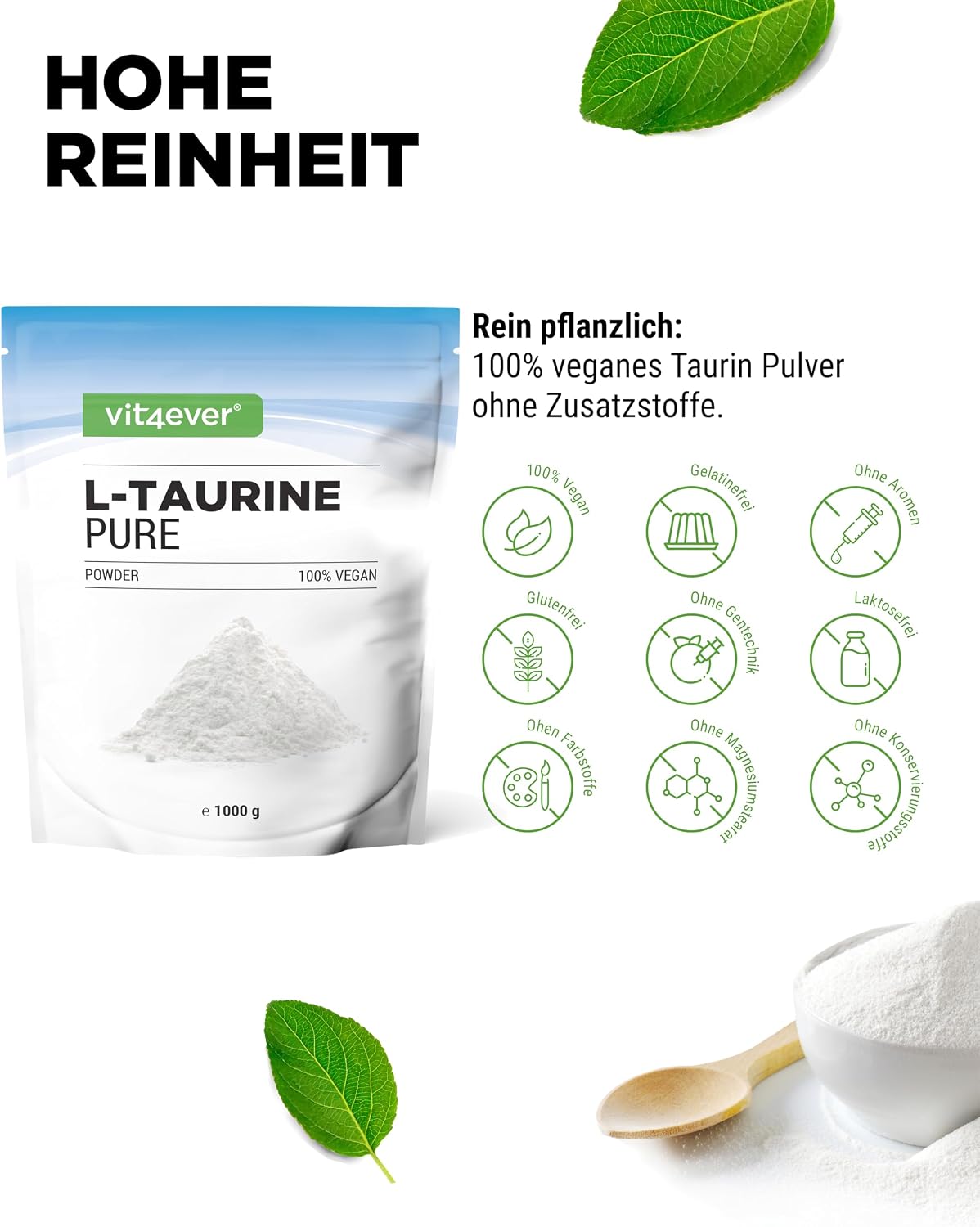 Detalle de vit4ever Taurin Pulver 1.000 g (1 kg) – 99% rein, vegan, mit Dosierlöffel