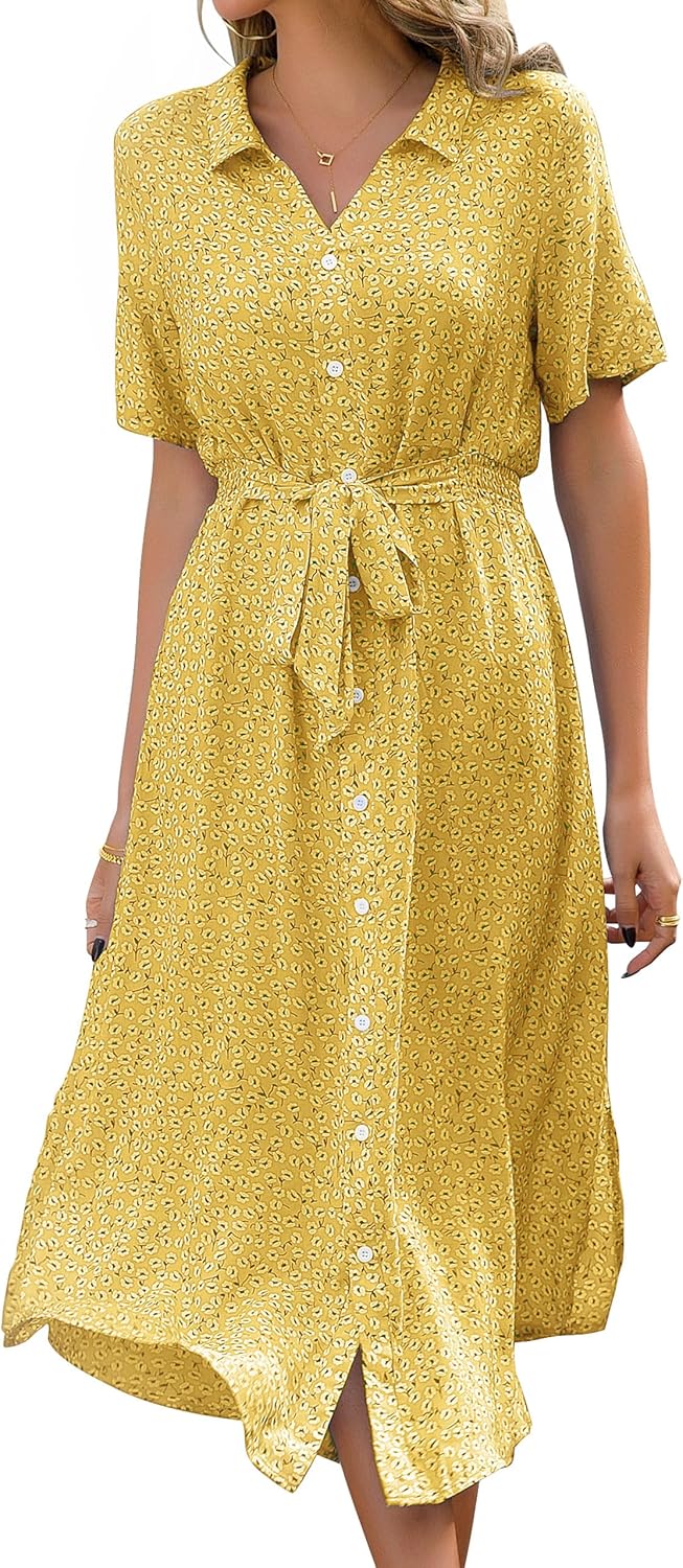Thumbnail 4 de Livonmone Sommerkleid Damen mit V-Ausschnitt, Blumendruck und Gürtel – kurzarm, mit Knopfleiste
