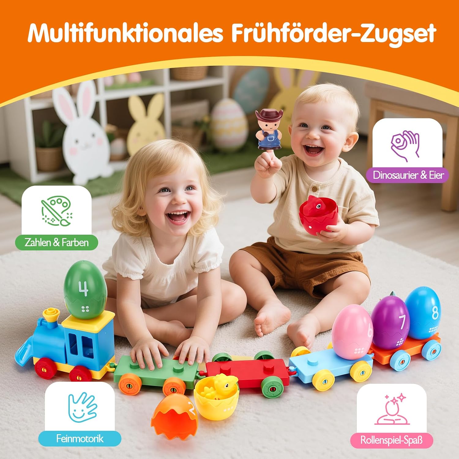 Detalle de Hahaland Dinosaurier Montessori Spielzeug 2 Jahre – Zug, Eier, Fingerpuppen & Sticker