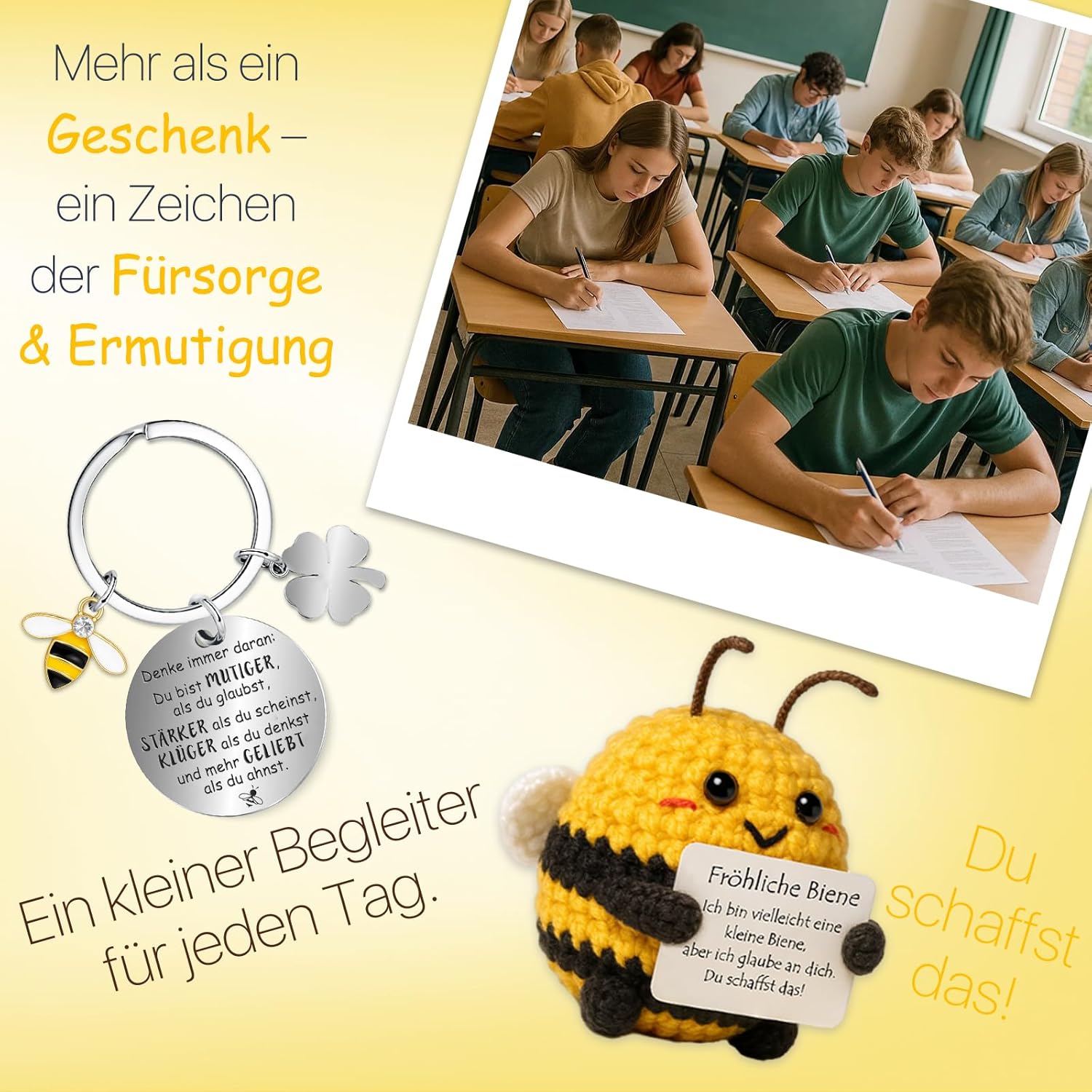 Thumbnail 6 de Farbeele Fröhliche Biene und Glücksbringer-Schlüsselanhänger – handgefertigter Mutmacher mit Mini-Karten, pocket size