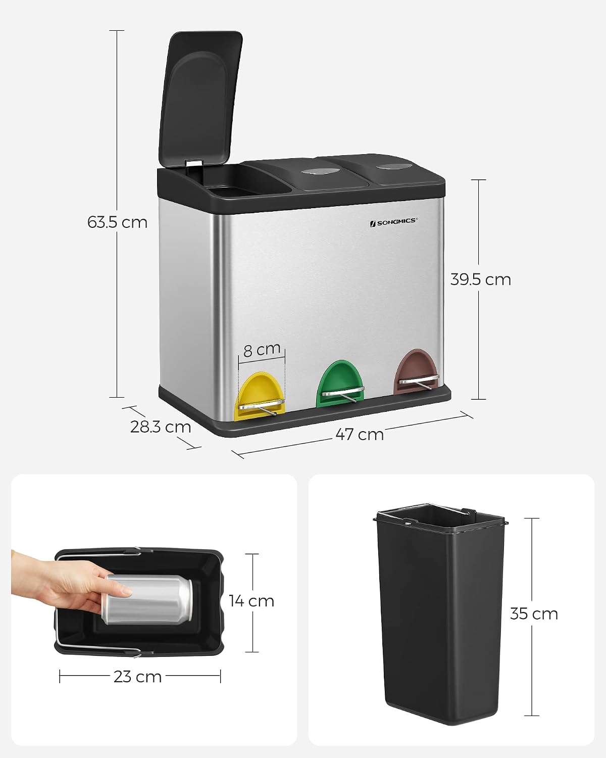 Thumbnail 4 de SONGMICS LTB24L 3-Compartment Rubbish Bin, 24L Stainless Steel with Pedal Lids