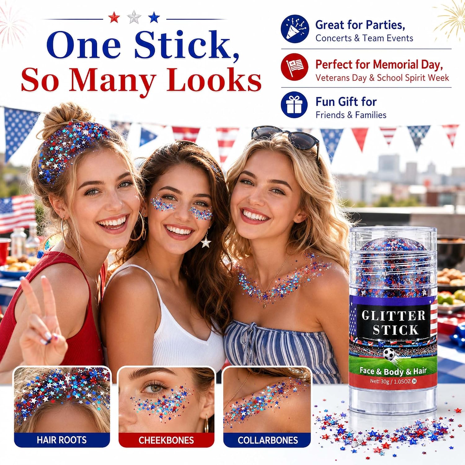 Detalle 1 de Go Ho LLG-446-60S-02-US Patriotic Star Glitter Stick, Red, White & Blue, 1.05 oz