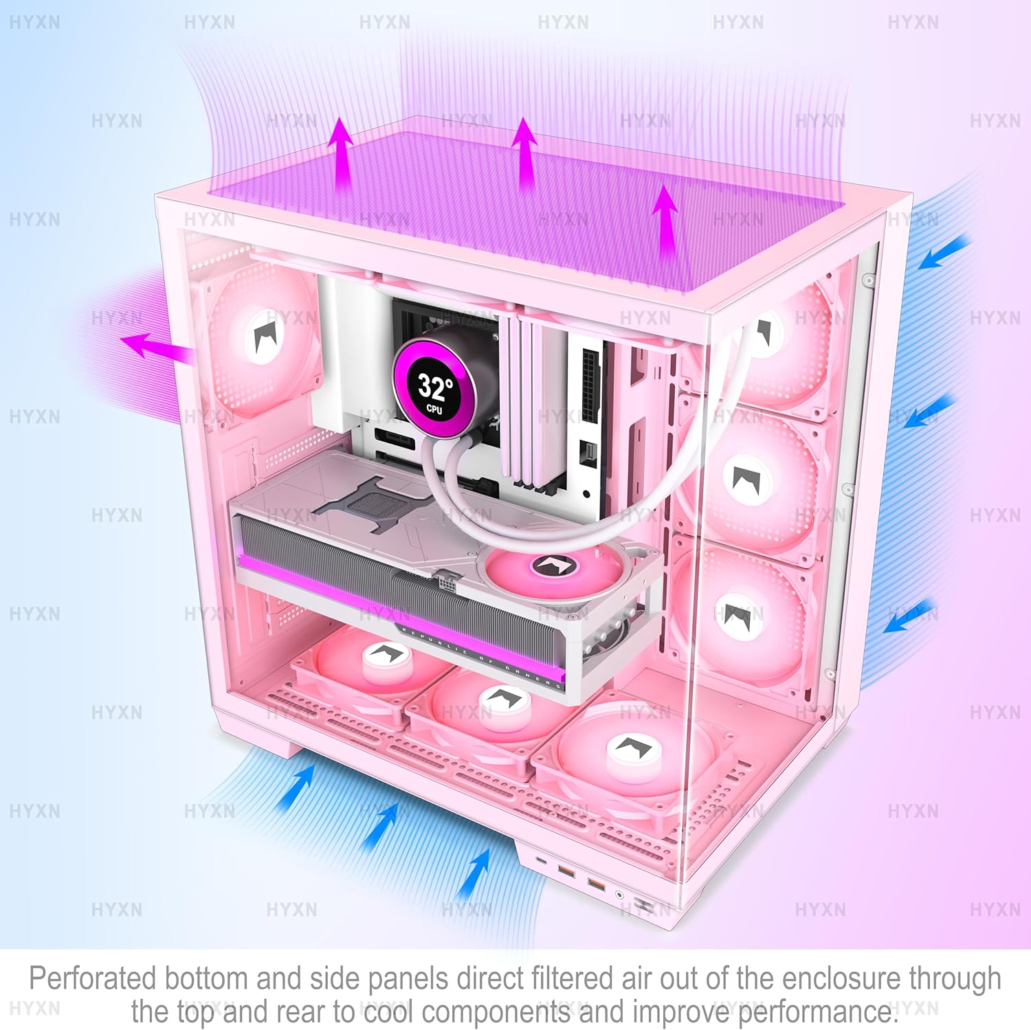 Detalle 2 de HYXN H1 ATX PC-Gehäuse: Vorinstallierte 7 PWM ARGB-Lüfter, Dual-Kammer-Design, Platz für 3x360 mm Radiatoren