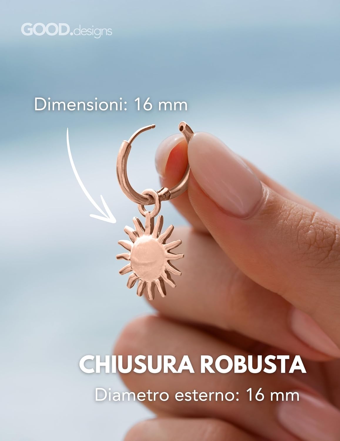 Thumbnail 3 de Orecchini a cerchio con ciondolo sole 17 mm in acciaio 316L, placcatura oro 18K/oro rosa o argento
