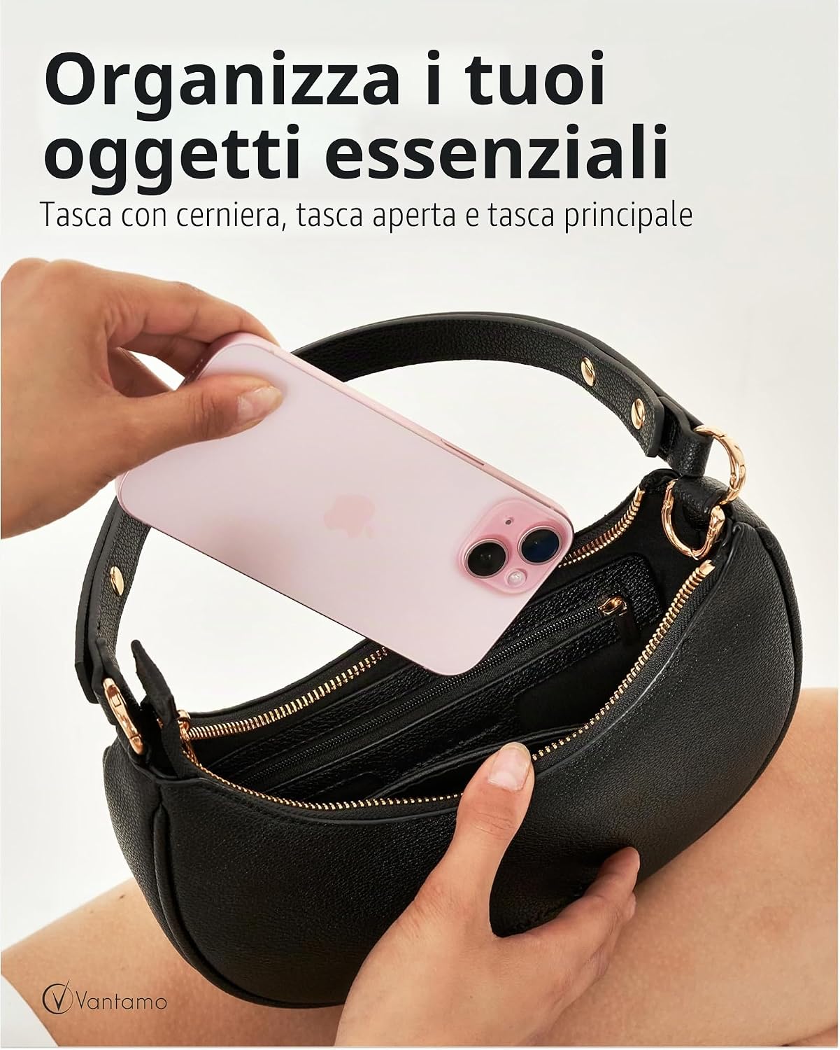 Detalle de Borsa a Mezzaluna da Donna in Ecopelle: antifurto RFID, tracolla regolabile e cerniere dorate