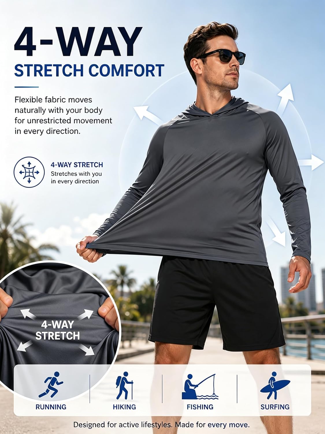 Detalle 2 de ZITY Men's Sun Protection Hoodie Shirt: 3-Pack UPF 50+ Lightweight Rash Guard