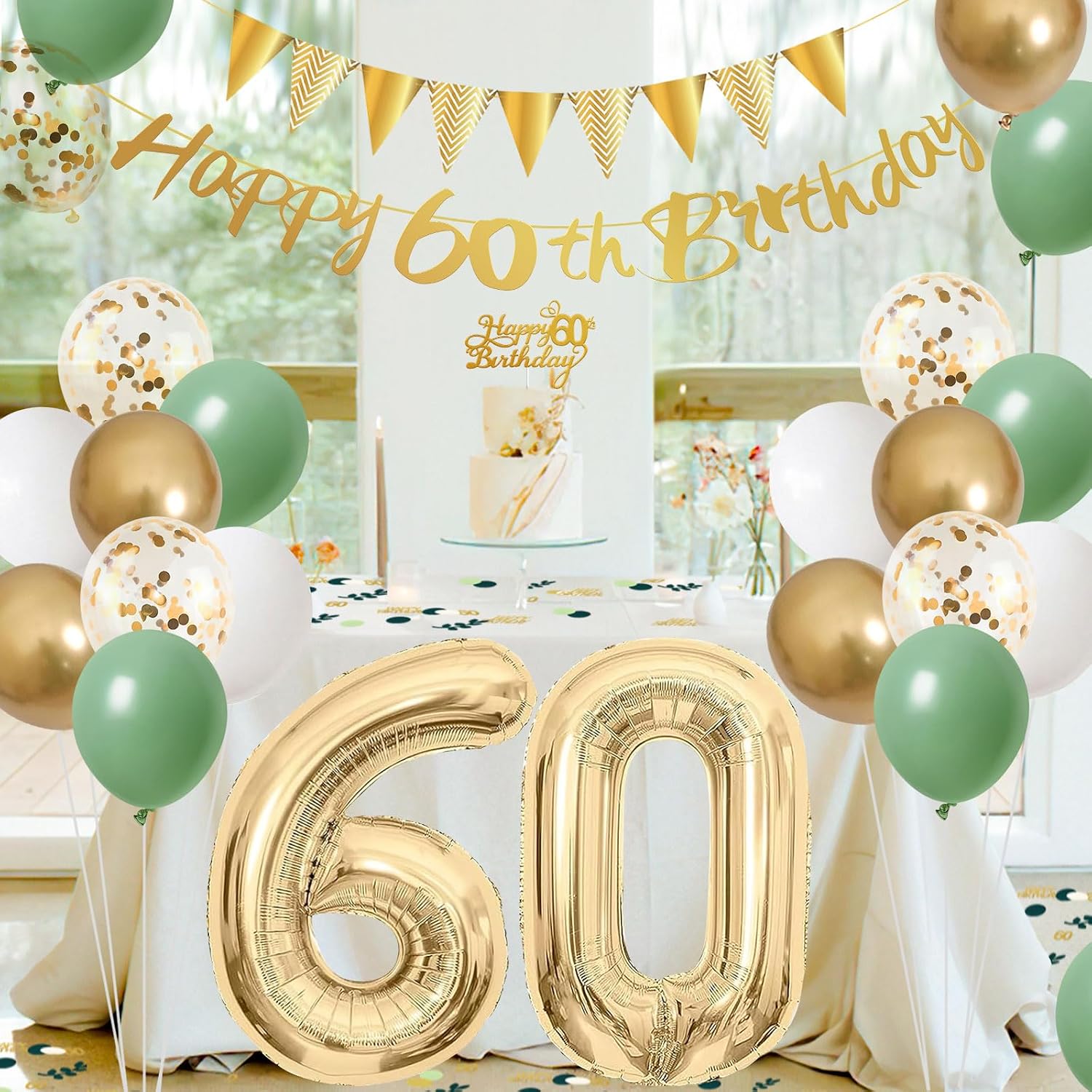 Detalle de Saga Green 60th Birthday Decorations Set – Sage Green, White & Gold Party Kit