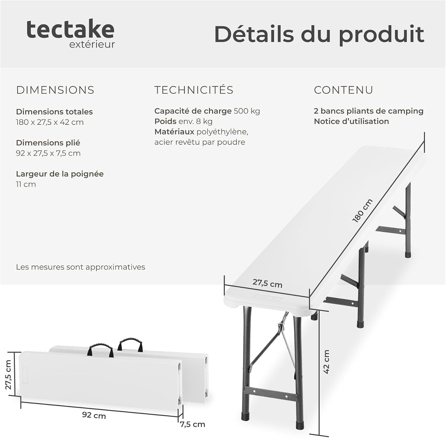 Detalle de tectake Panja 406624 – två hopfällbara bänkar i vit polyeten med stålram