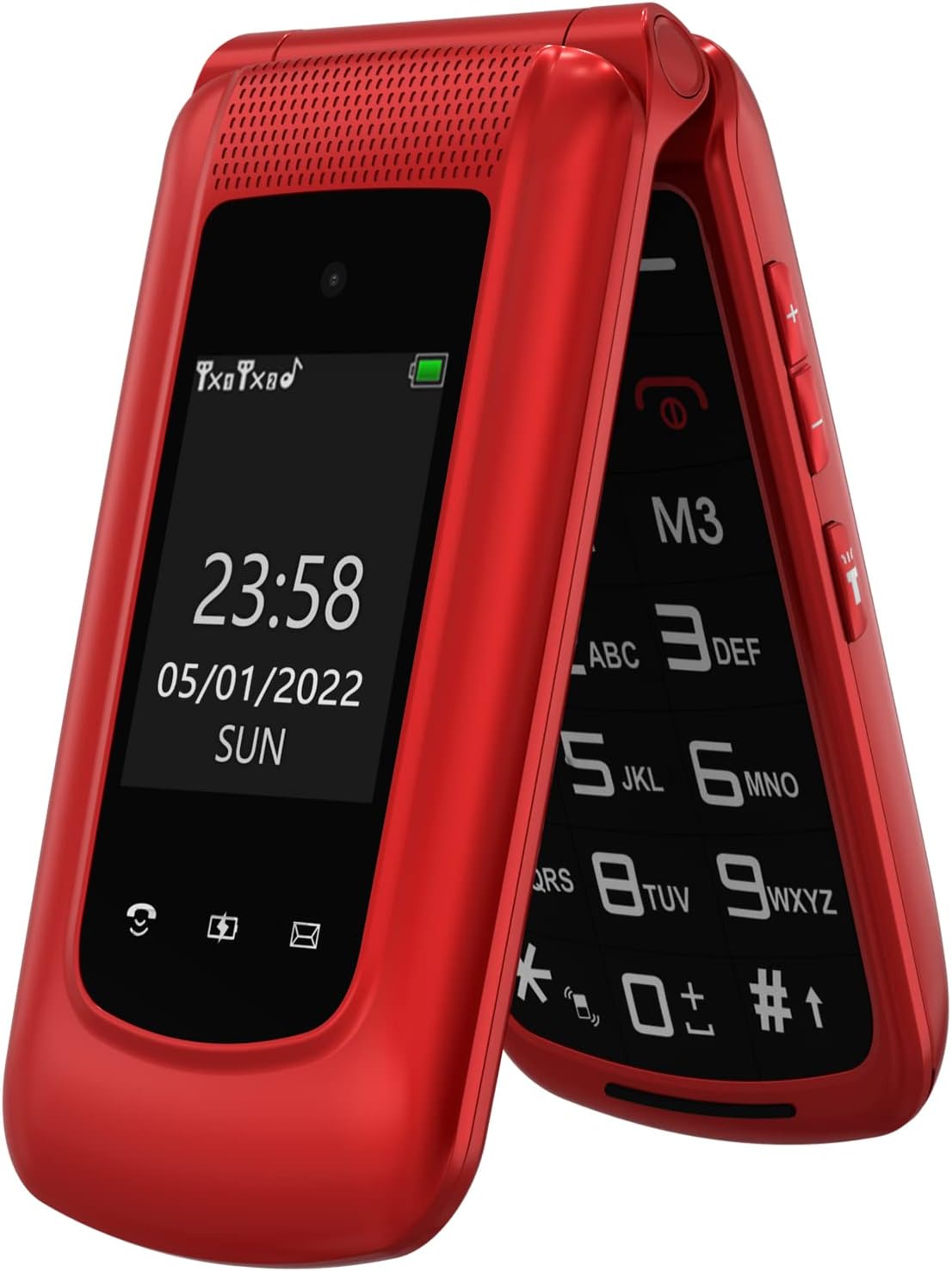 CHAKEYAKE G380D Senior flip mobile phone with big buttons, dual-colour displays, SOS and 1000mAh battery (Red)