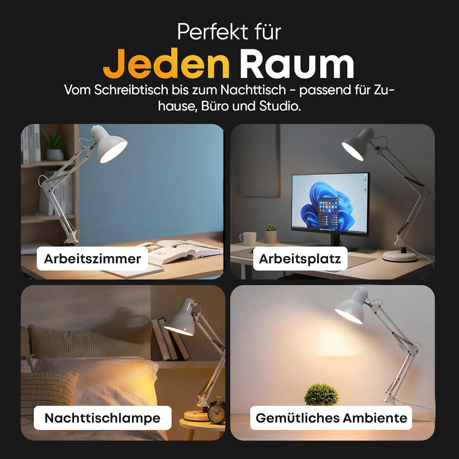 Thumbnail 5 de GOODS+GADGETS Retro Arbeitsplatzlampe – Leselampe mit Gelenk-Arm aus Metall, LED inklusive, Weiß