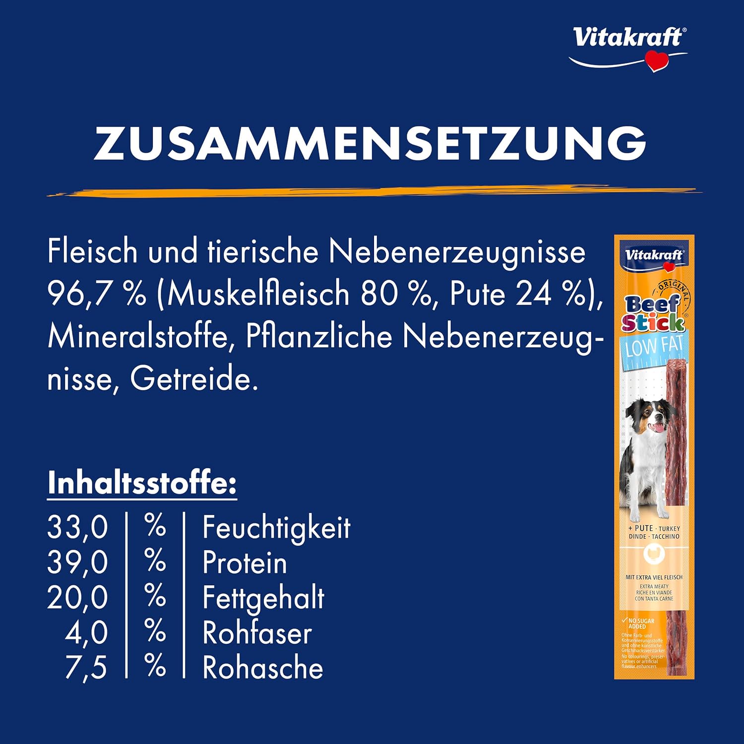 Detalle de Vitakraft Beef Stick Low Fat – Hundeleckerli, 50x12 g, ohne Zuckerzusatz