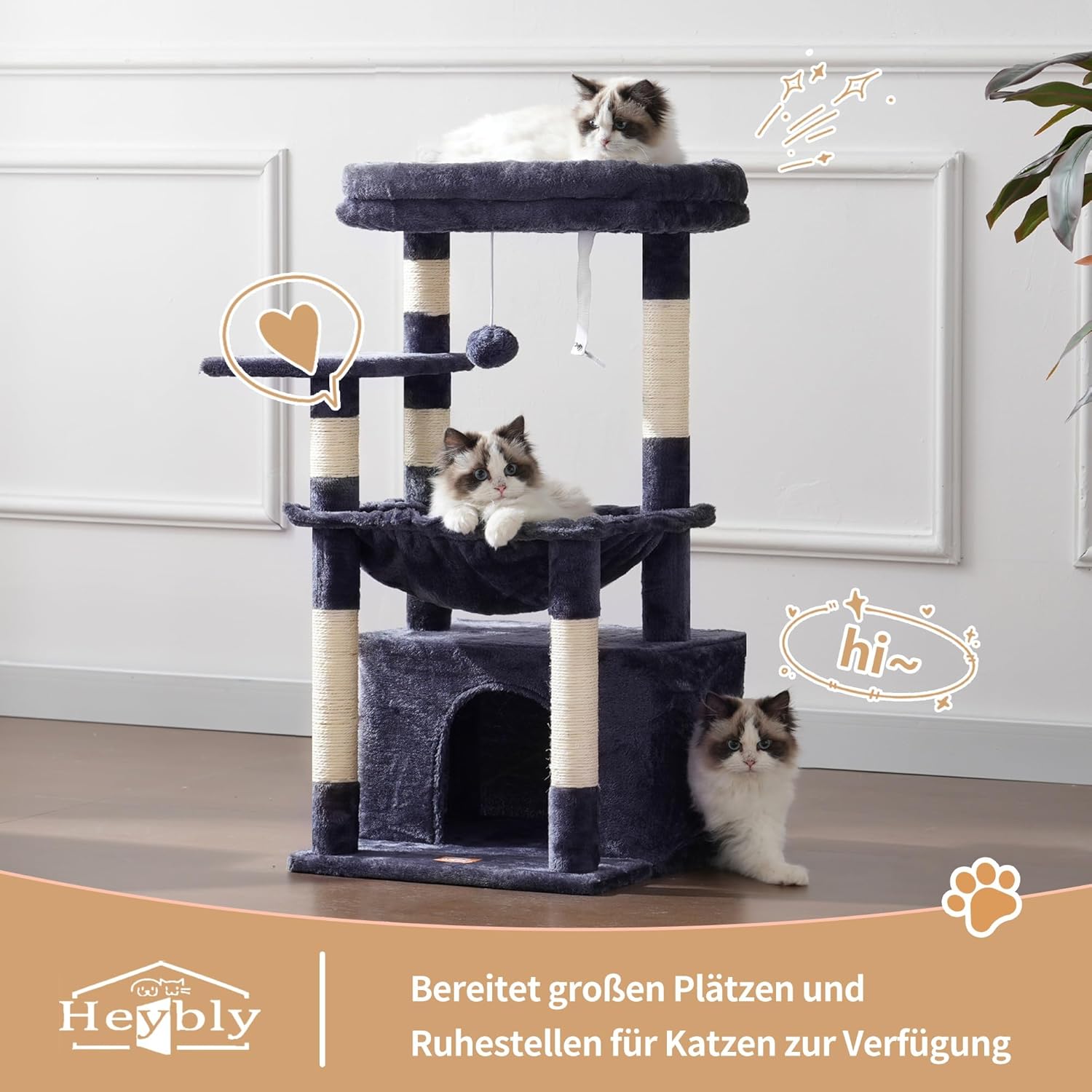 Thumbnail 5 de Heybly Kratzbaum HCT008SG mit extra großem Katzenkorb, weichem Ruhebereich und 7 Sisal-Kratzsäulen (rauchgrau)