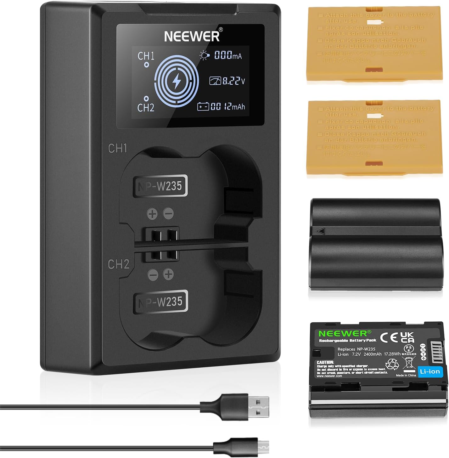 Detalle de NEEWER NP-W235 Kamera Akkuladegerät Set – Doppel-Ladegerät mit LCD & 2x 2400mAh Ersatzakkus (Kompatibel mit Fujifilm X-T5/X-T4, GFX 100S, X-H2S, VG-XT4)