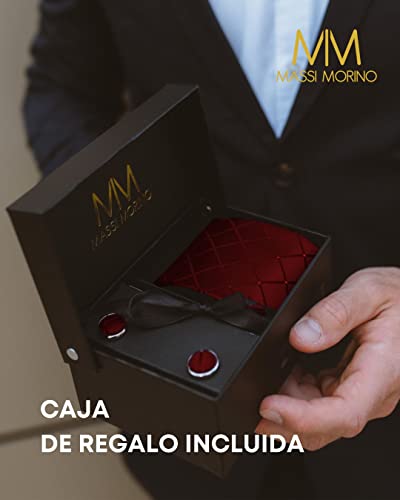 Detalle de Massi Morino – Set corbata burdeos de cuadros con pañuelo a juego y accesorios (5 en 1) para hombre