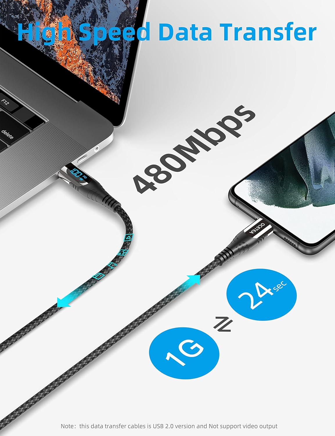 Detalle 2 de Ocetea 100W USB-C auf USB-C Kabel mit LED-Display – PD Schnellladekabel, 3 m