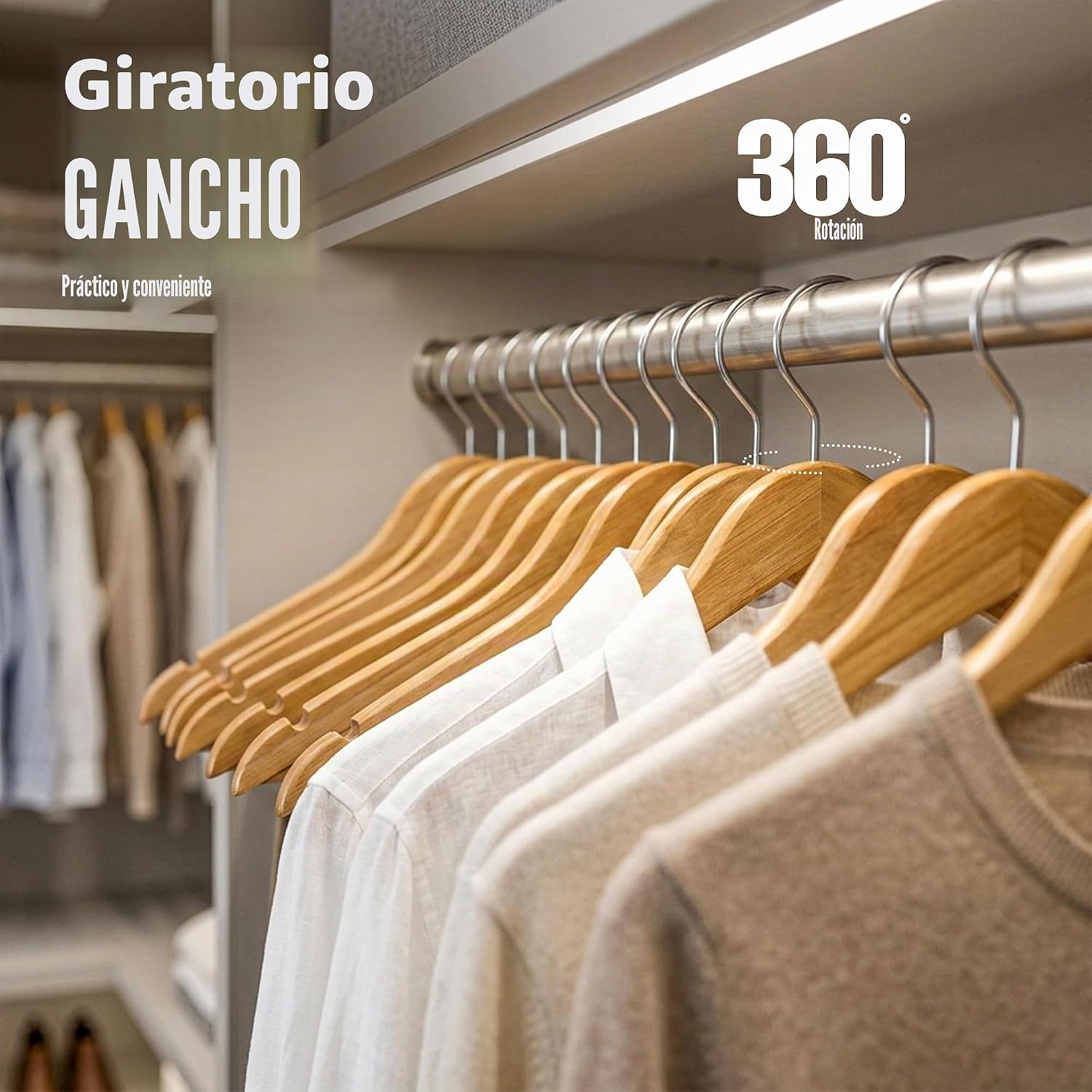 Detalle de Utopia Home: Paquete de 20 perchas de madera con barra y ranuras para hombros, acabado natural
