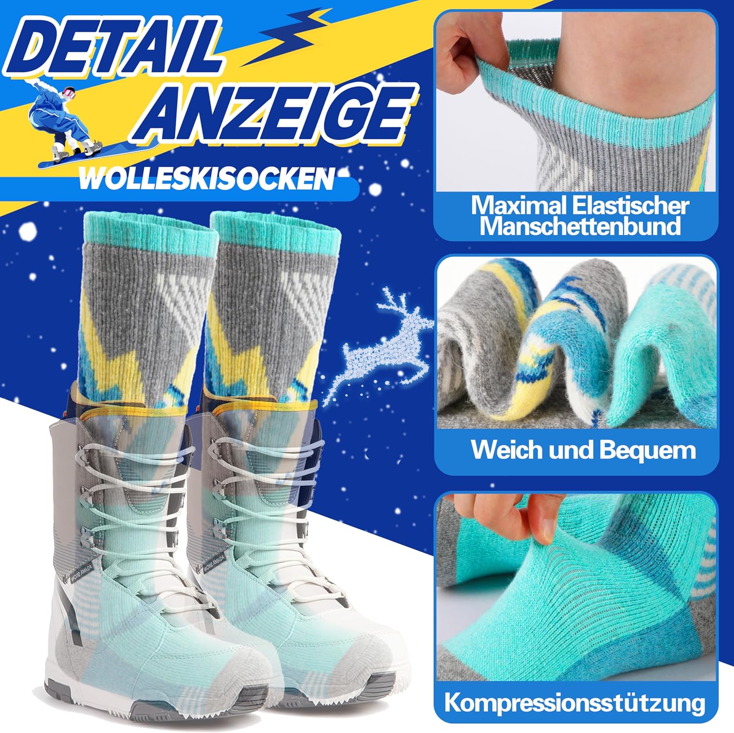 Thumbnail 4 de ANTsANG Kinder Merino Skisocken 3 Paar