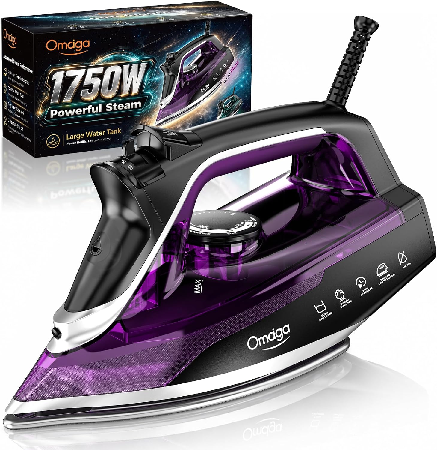 Detalle de OMAIGA 1750W Steam Iron with Dual-Ceramic Soleplate, Steam Burst and 13.5 fl oz Tank