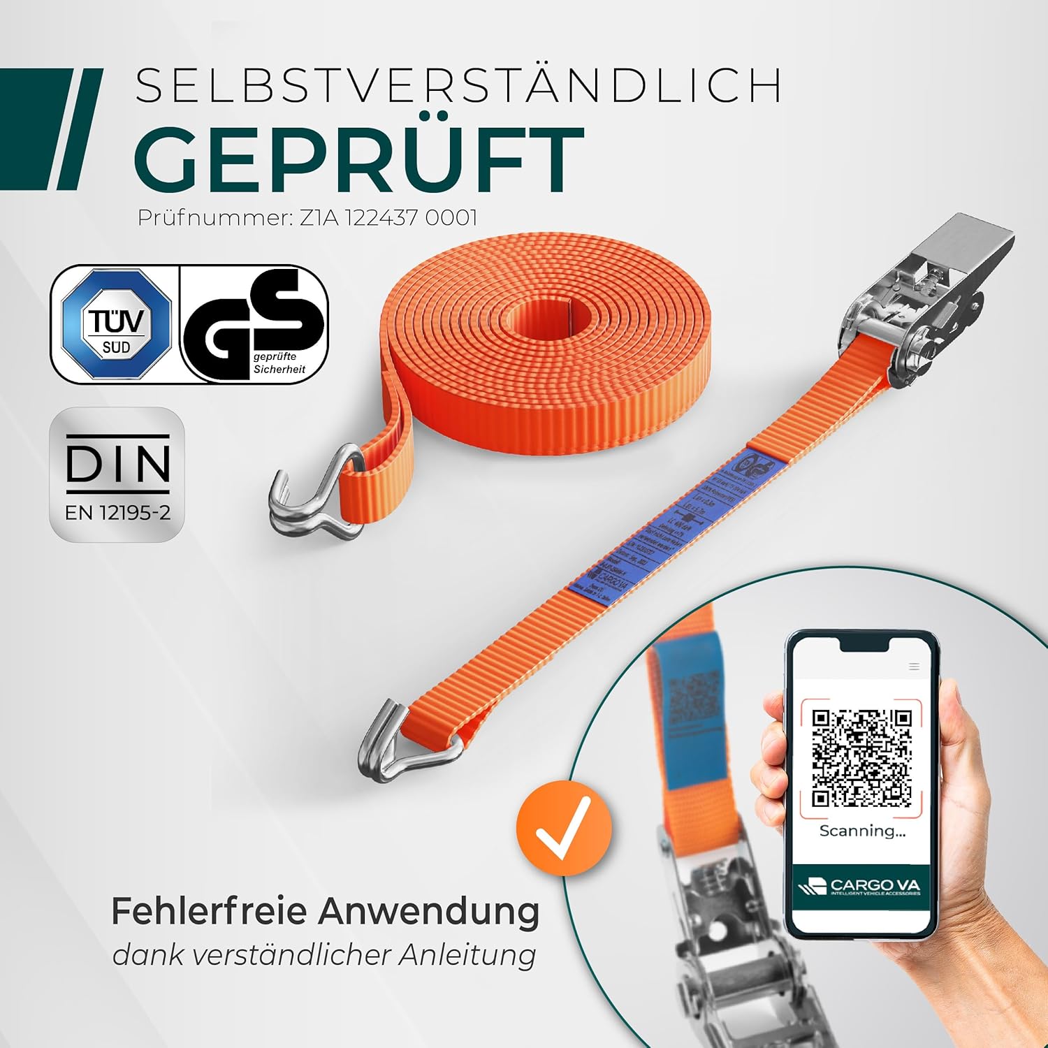 Detalle 2 de Robuste 800 kg Spanngurte mit Ratsche – 4er Set, TÜV/GS-konform, DIN, 25 mm Breite