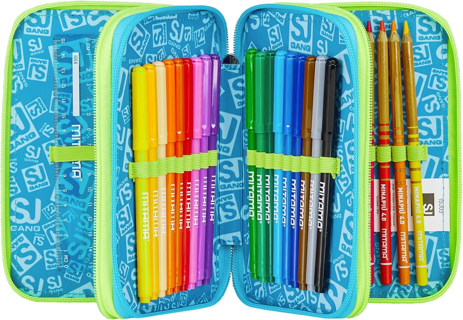 Thumbnail 1 de Trousse scolaire triple compartiment SJ GANG STYLE JAM GANG, 3 zips, bleu, avec stylets, crayons et accessoires