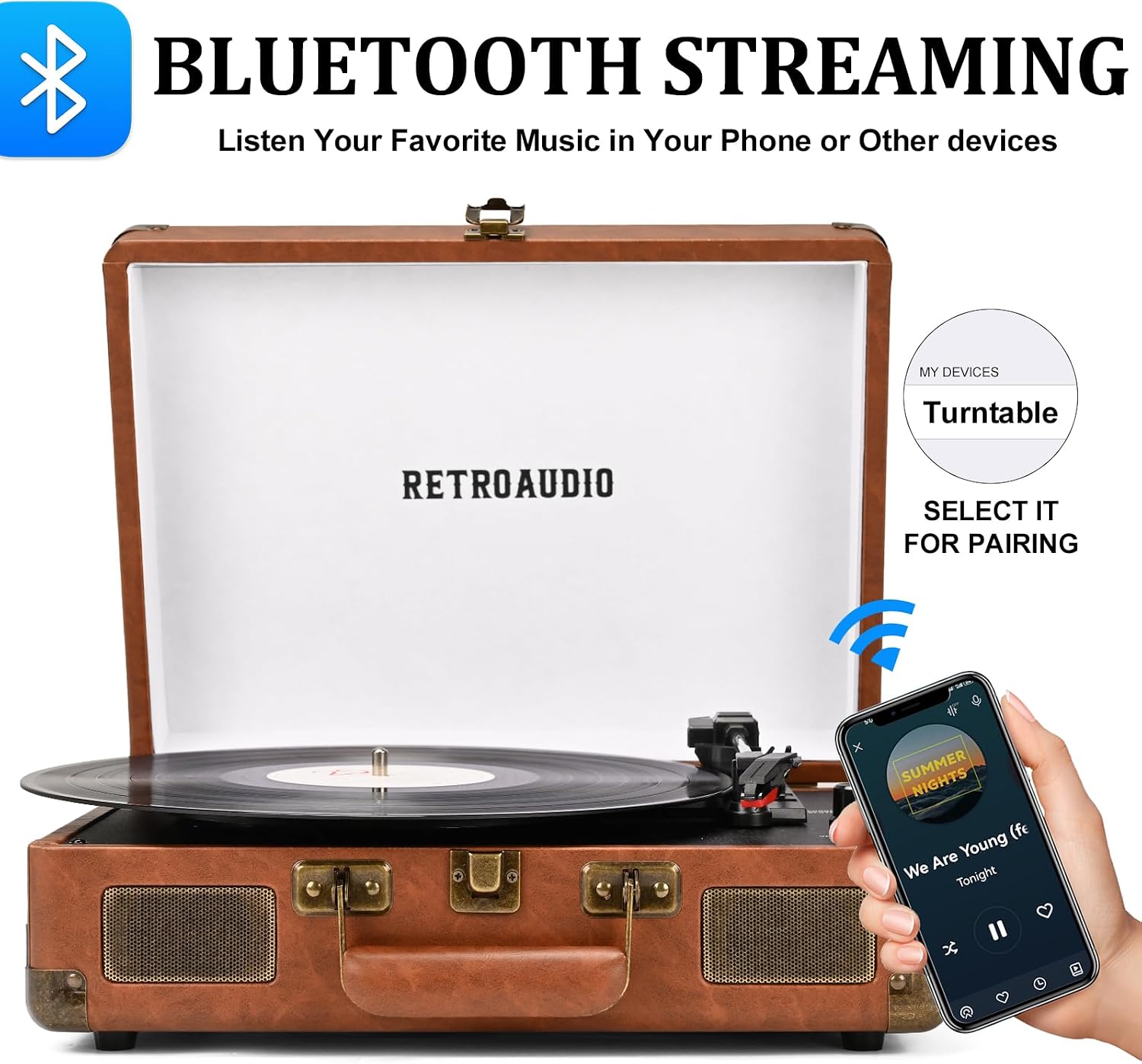 Detalle de RetroAudio JM-101 3-Speed Suitcase Record Player with Bluetooth, Brown