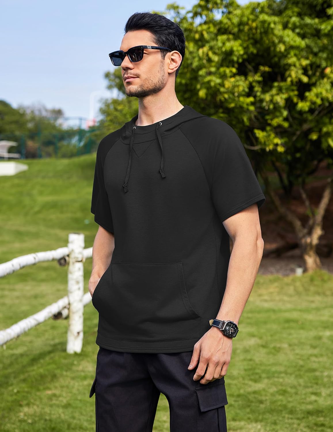 Thumbnail 1 de COOFANDY Sweat à Capuche Homme Manche Courte - Sweat léger avec Poche Kangourou, Style Urbain & Sport