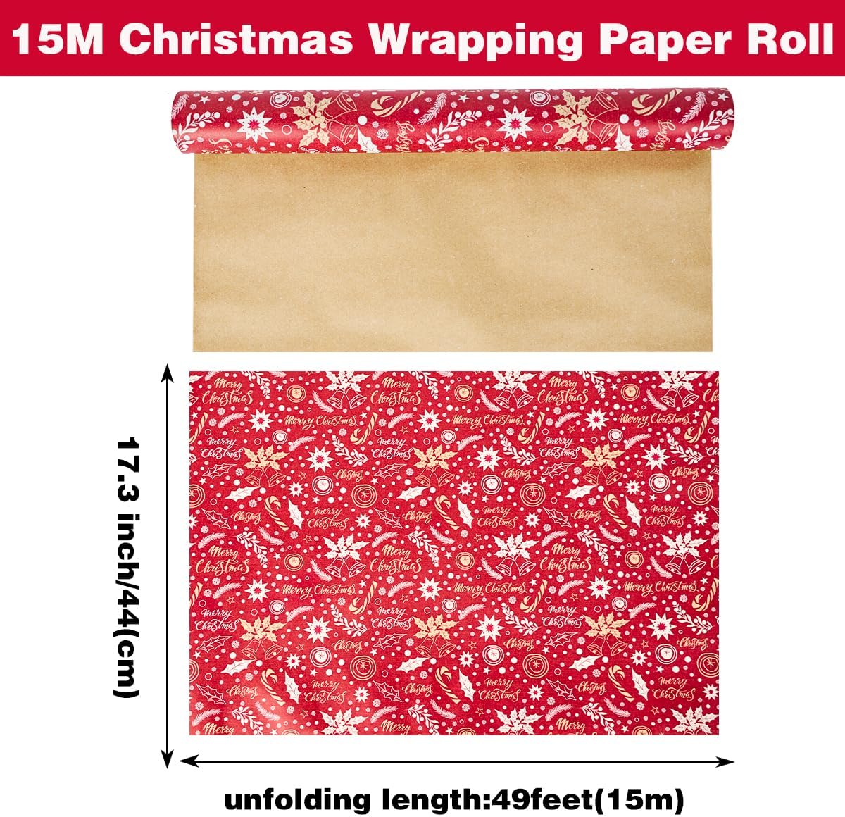 Thumbnail 1 de HBell Red Kraft Christmas Wrapping Paper Roll – 43cm x 15m