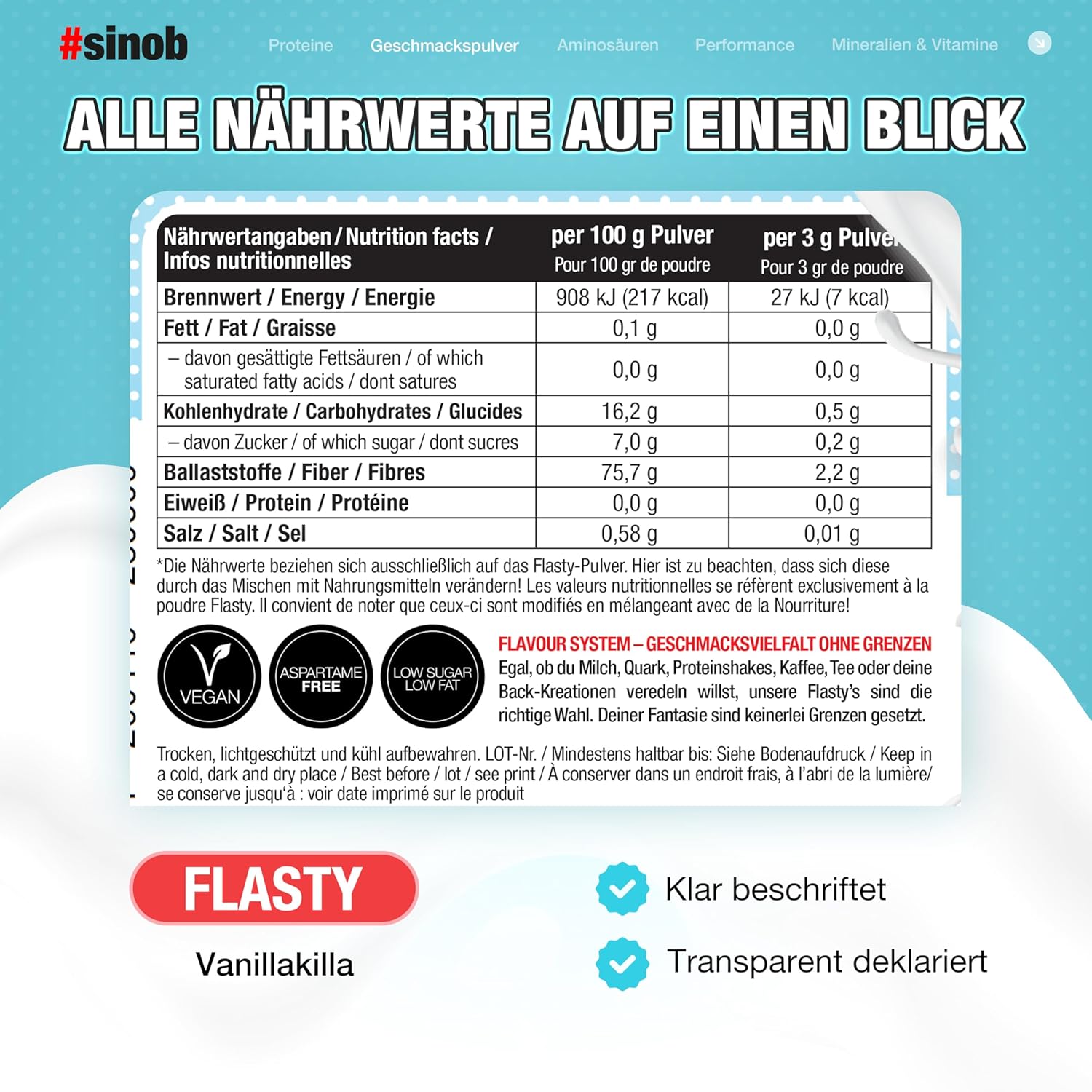 Detalle 2 de sinob Flasty Geschmackspulver Vanille – kalorienarm, glutenfrei und vegan