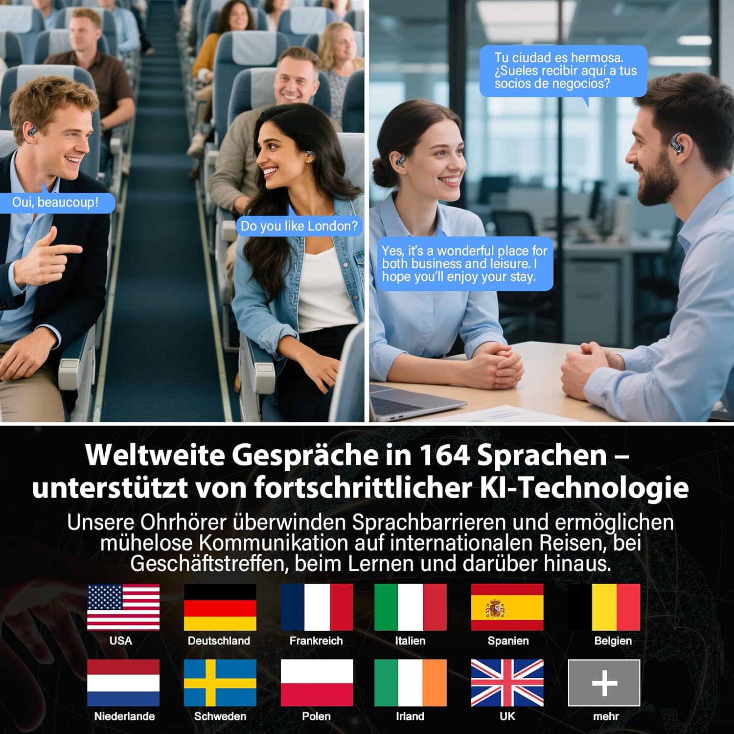 Thumbnail 1 de KI Übersetzer Kopfhörer QX68 – Echtzeit-Übersetzung, 164 Sprachen, IPX7, 50 Std. Akku