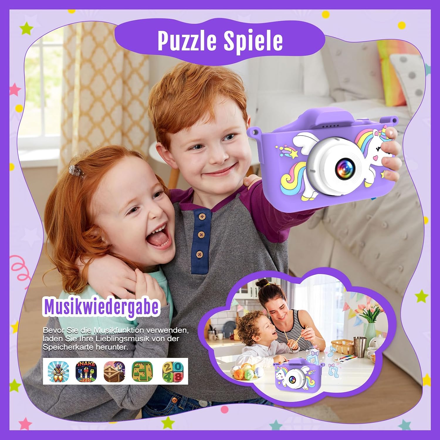 Detalle de Kinderkamera mit 32-GB-Speicherkarte, 1080P HD und Einhorn-Silikonhülle – Selfie-Kamera für Mädchen & Jungen ab 3 Jahren